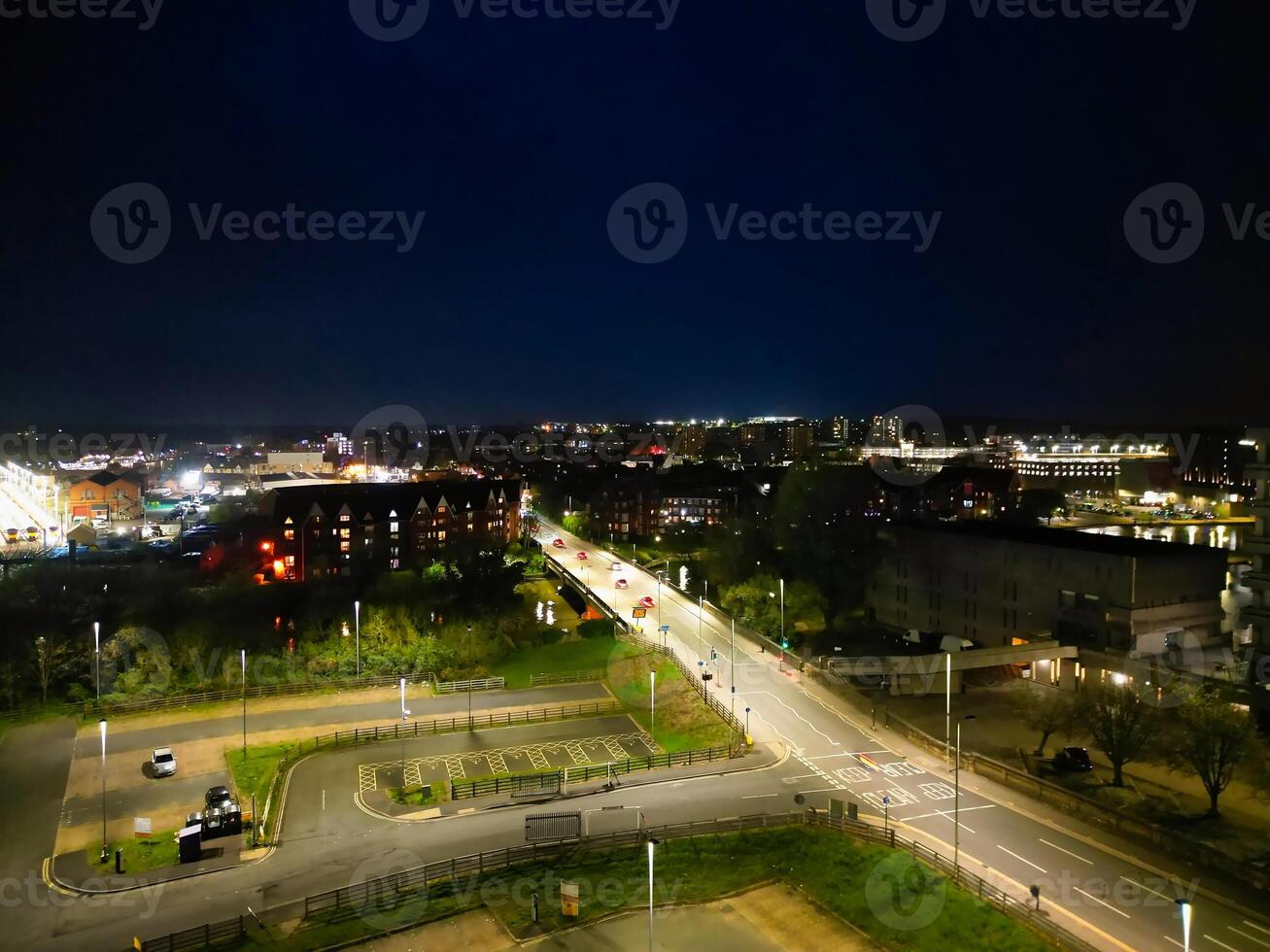 Night Aerial View of Illuminated Historical Central Bedford City of England UK. April 5th, 2024 photo