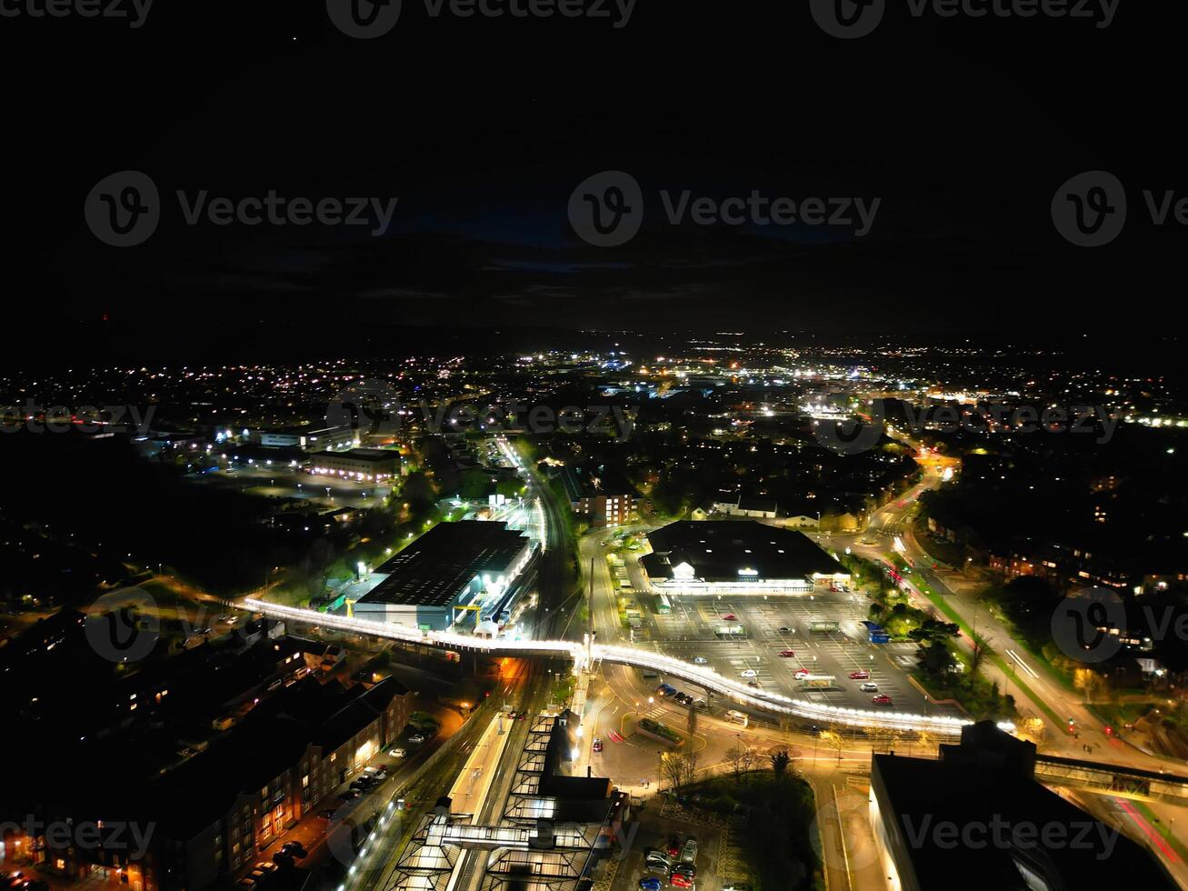 Aerial Night View of Illuminated Central Aylesbury Town of England United Kingdom. April 1st, 2024 photo