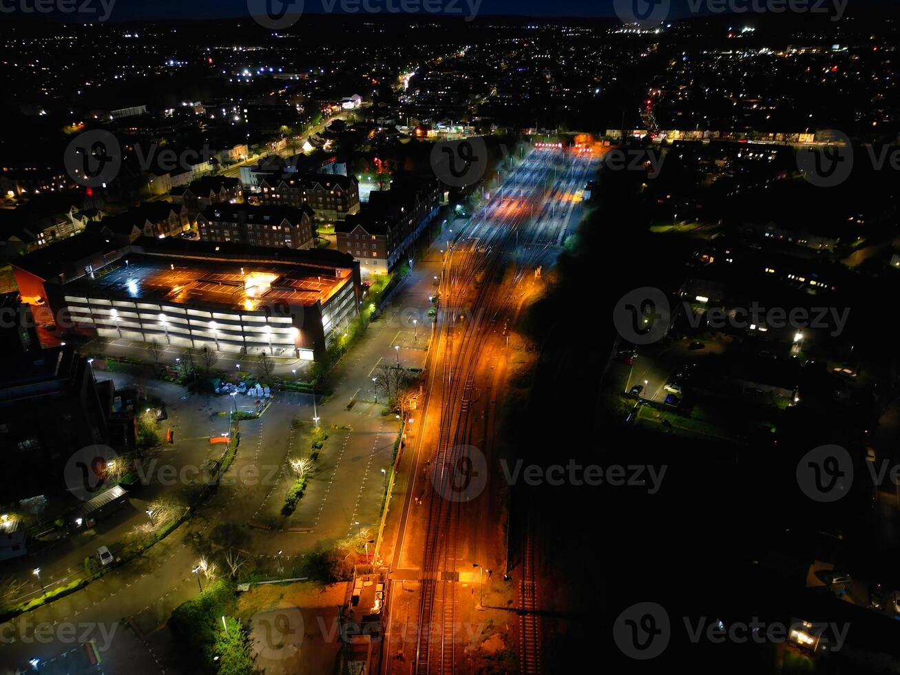 Aerial Night View of Illuminated Central Aylesbury Town of England United Kingdom. April 1st, 2024 photo