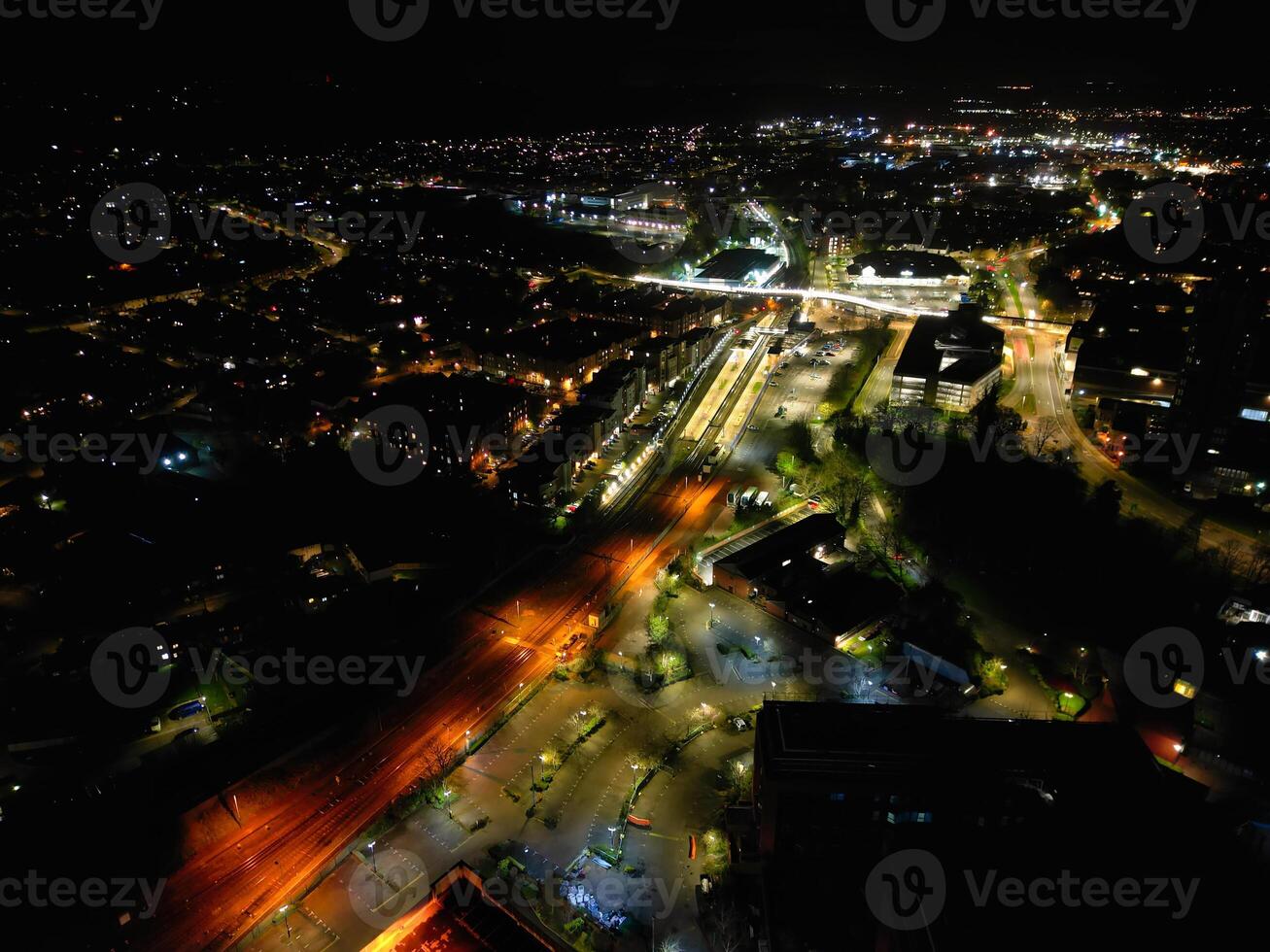 Aerial Night View of Illuminated Central Aylesbury Town of England United Kingdom. April 1st, 2024 photo
