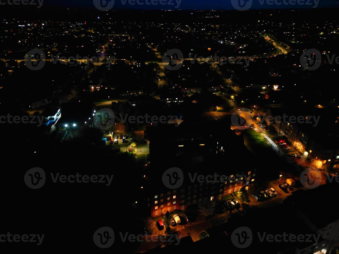 Aerial Night View of Illuminated Central Aylesbury Town of England United Kingdom. April 1st, 2024 photo