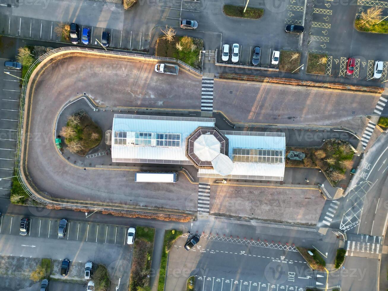 High Angle View of park and ride Bus Station at Thornhill Oxfordshire England United Kingdom During Sunrise. March 23rd, 2024 photo