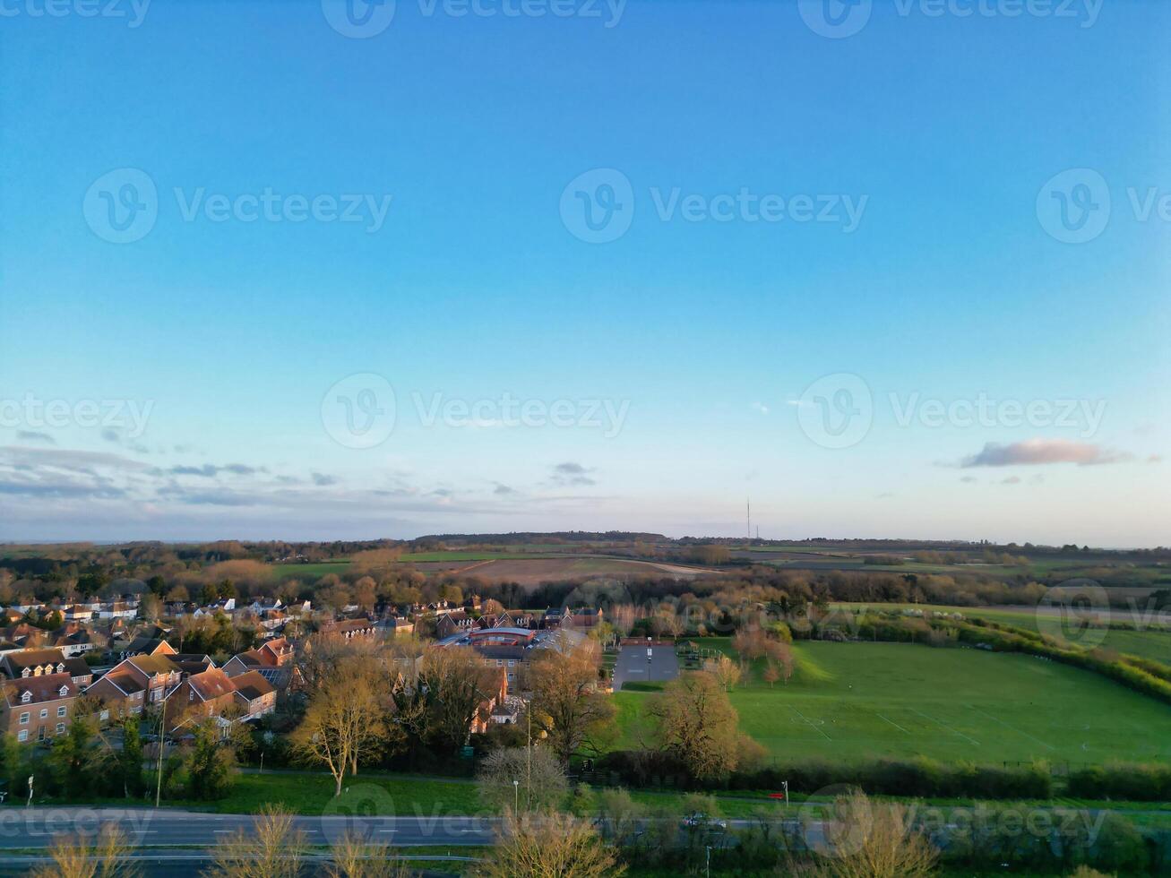 Aerial View of British Countryside Landscape Near Oxford City, Oxfordshire, England UK During Sunrise Morning. March 23rd, 2024 photo