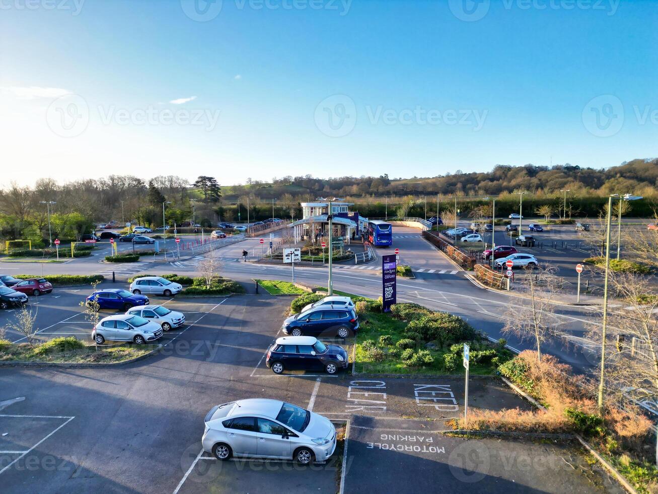 High Angle View of park and ride Bus Station at Thornhill Oxfordshire England United Kingdom During Sunrise. March 23rd, 2024 photo