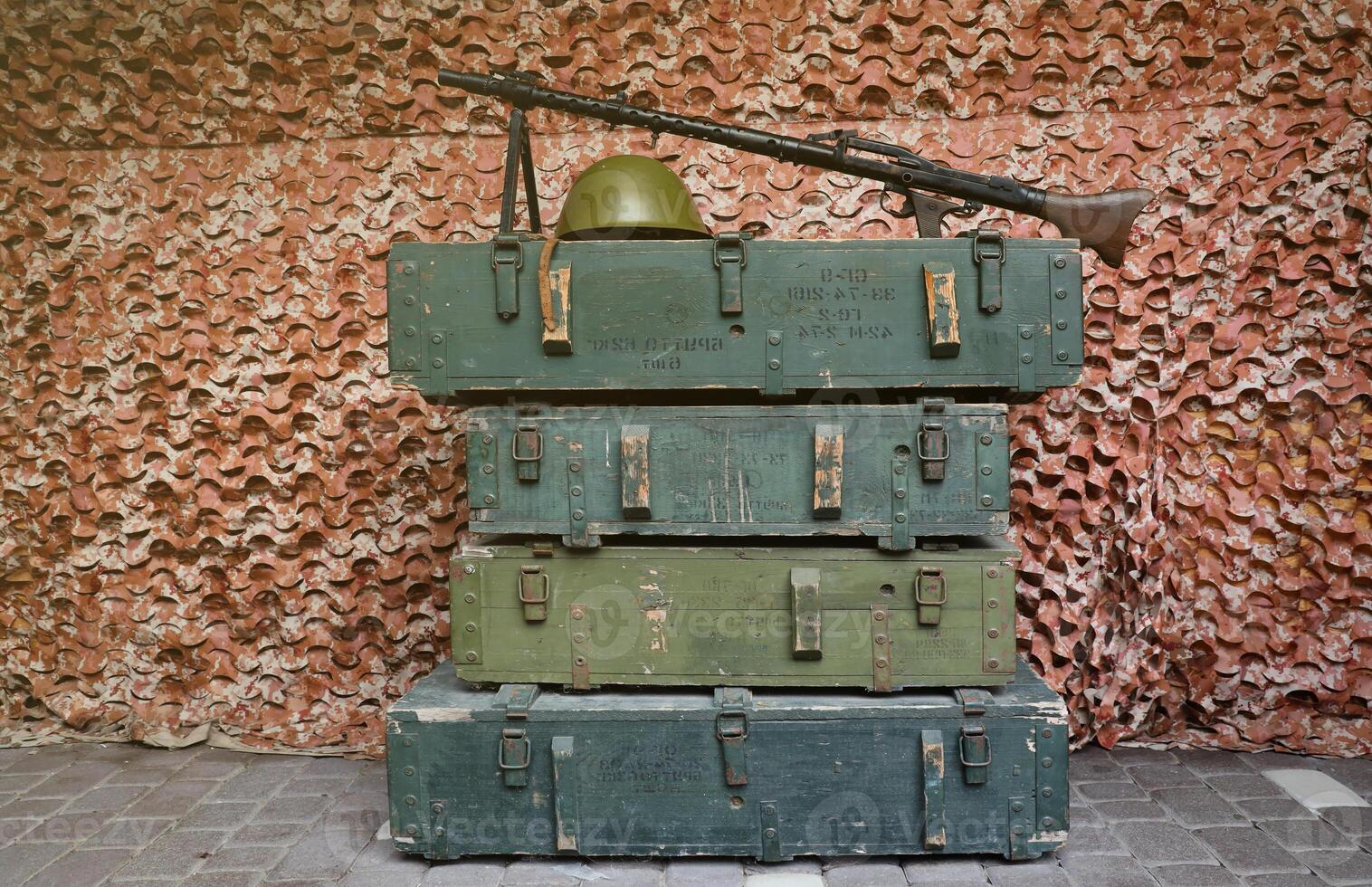 Soviet army ammunition stack of green crates with russian names of ammo type and category photo