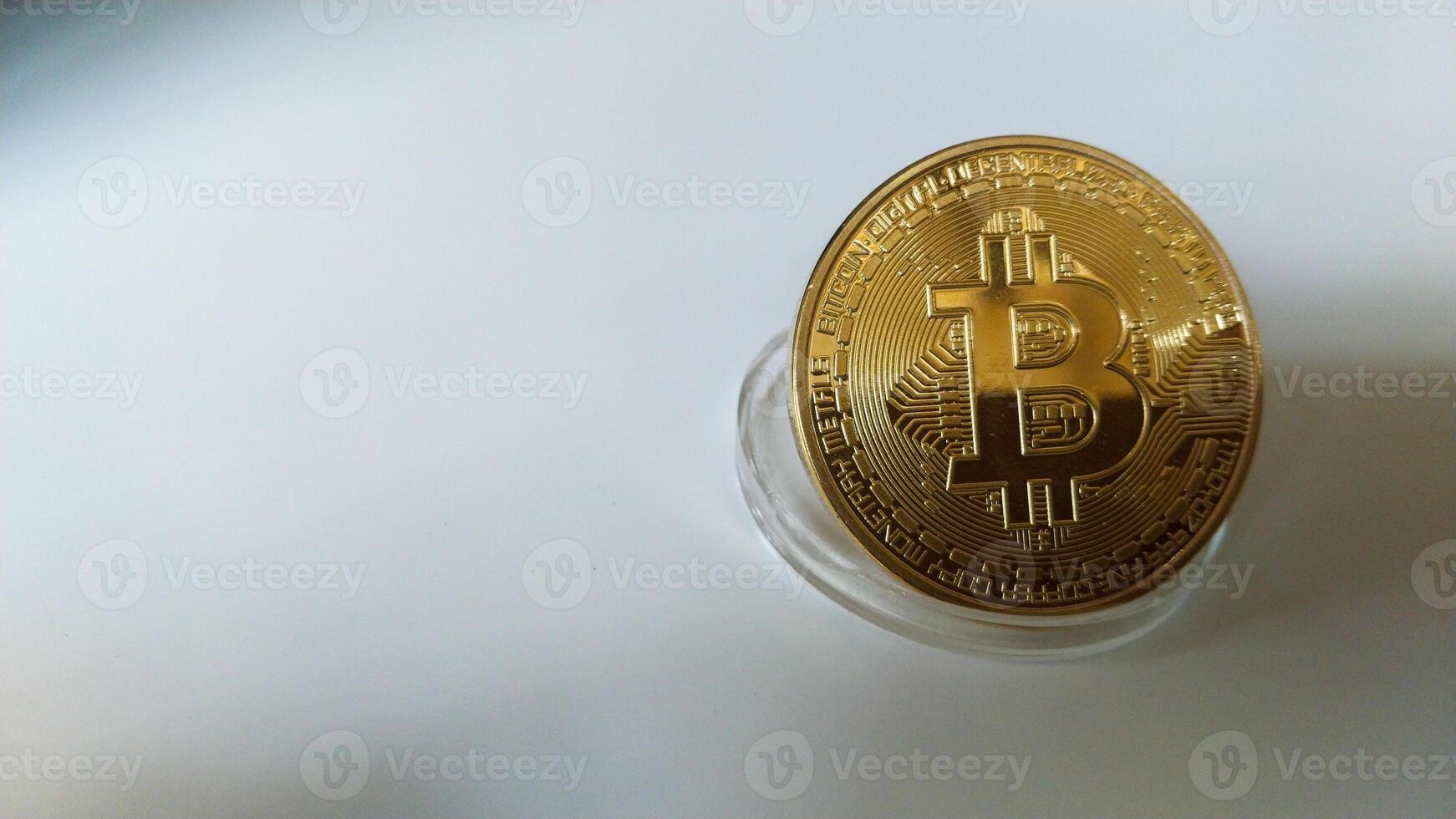 close up view of bitcoin isolated on white with free space for photocopying. photo