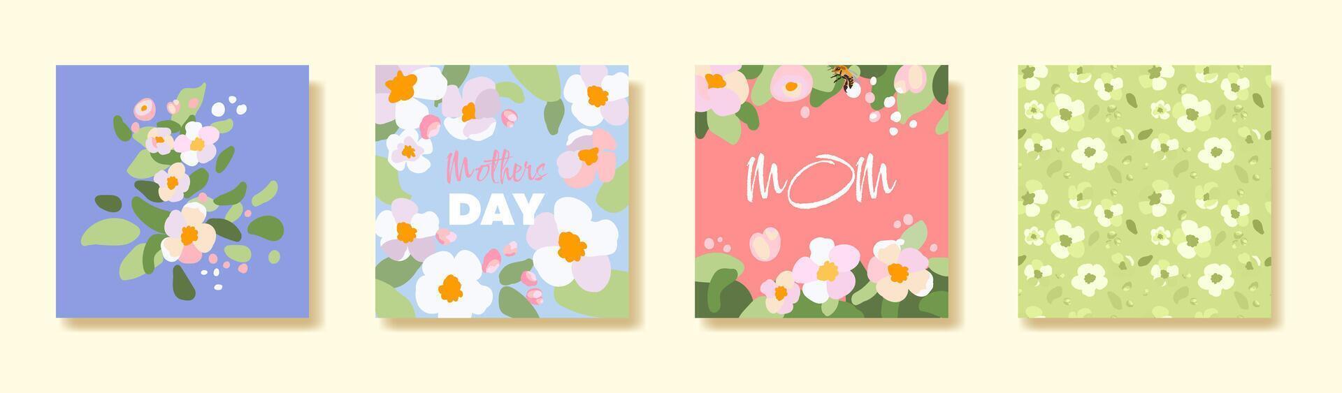 4 trendy square Mother's Day card Banner poster Flyer Sakura apple tree branch label or cover flowers frame floral pattern Retro art style Spring summer floral template ads promo vector