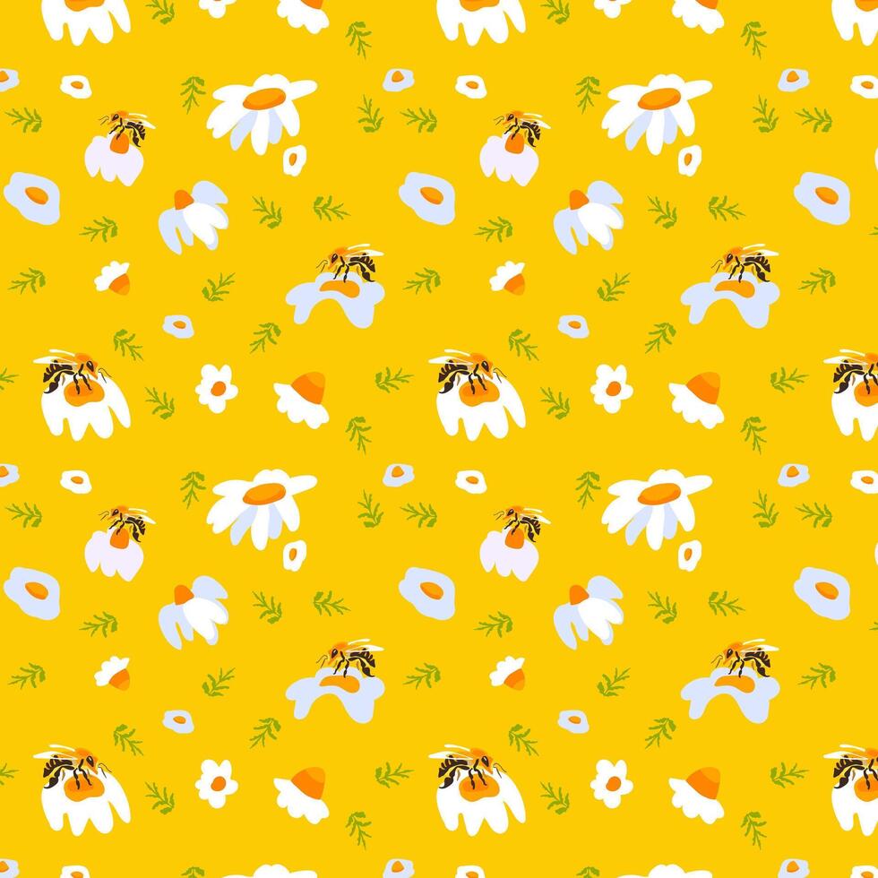 Seamless pattern wildflower daisy bee Plant flower graphic card Yellow poster banner Spring summer fabric clothing Template textile cover backdrop packaging wallpaper Template textile cover vector