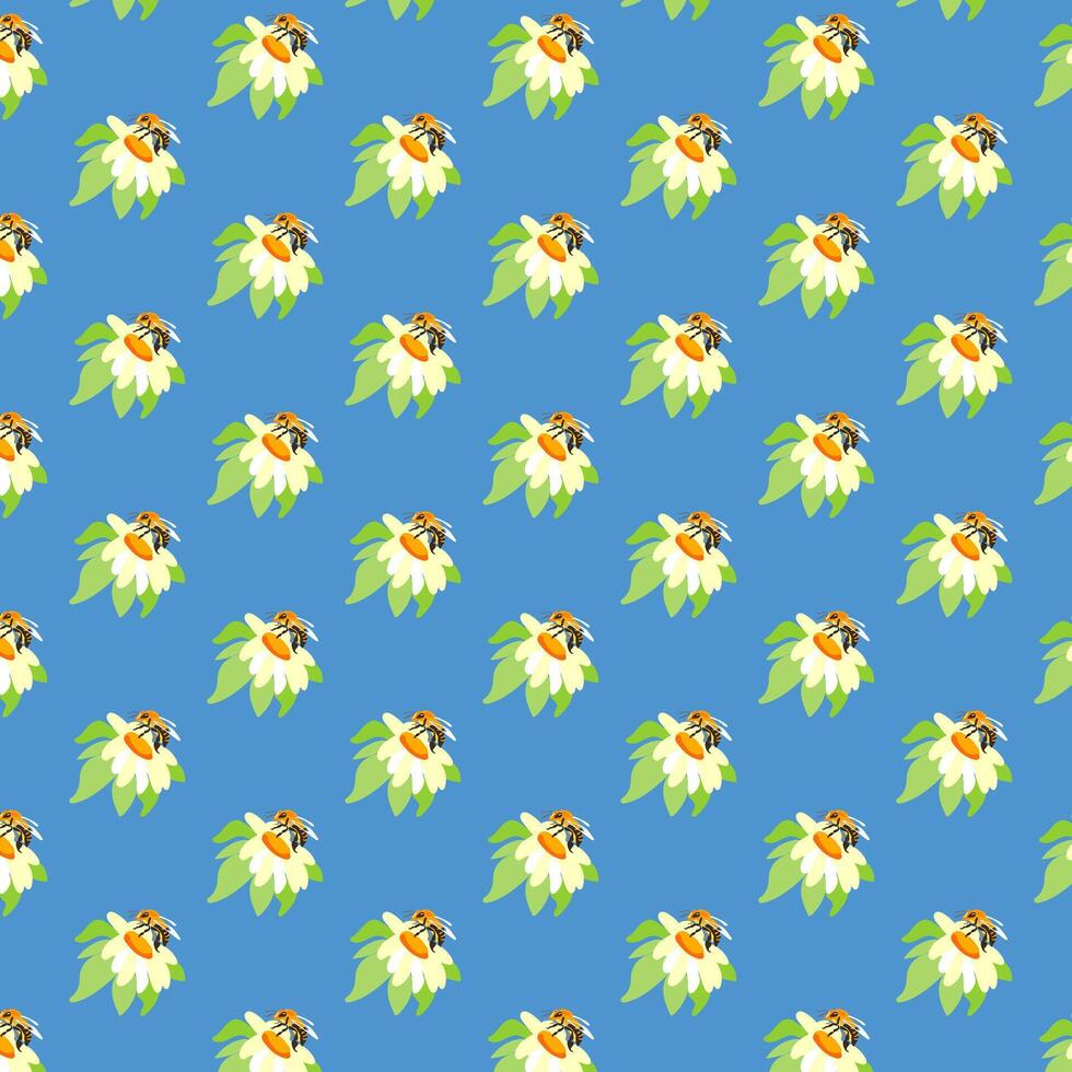 Summer background peonies bee Blue seamless pattern spring white green meadow flower ornament wrapping fabric wallpaper chintz cambric template vector