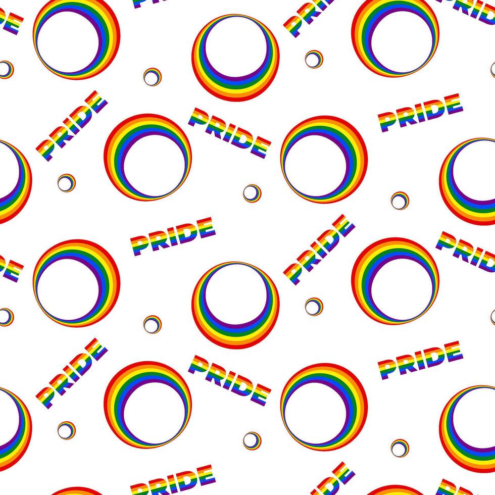 sin costura modelo con arco iris círculos y el palabra orgullo en un transparente antecedentes. orgullo mes envoltura. resumen fondo para orgullo mes. ilustración vector