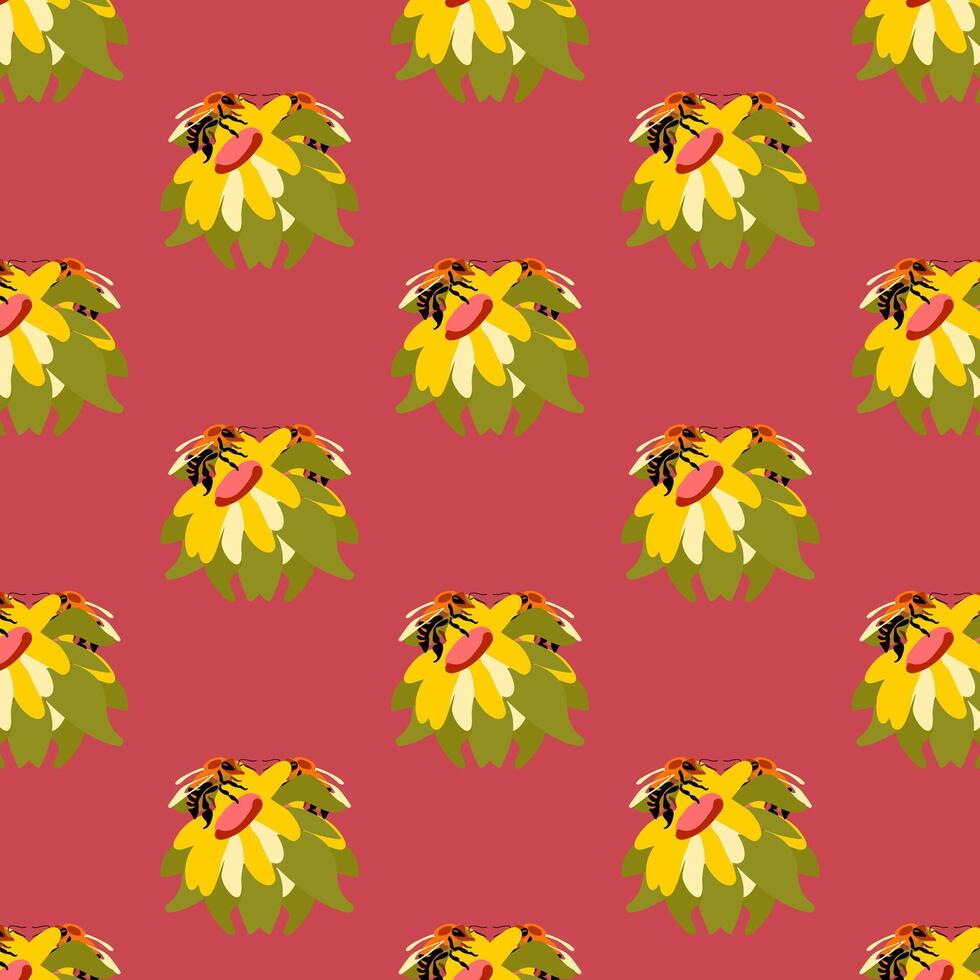 Seamless pattern bee flower Red background wild flowers postcard poster banner Spring summer Fabric wrapping wallpaper template Textile vector