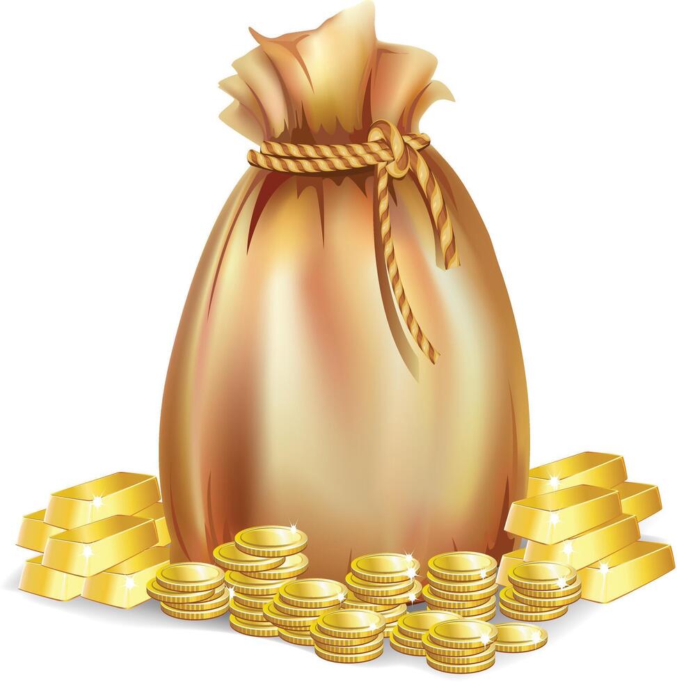 a bag of Pile coin money and gold bars vector