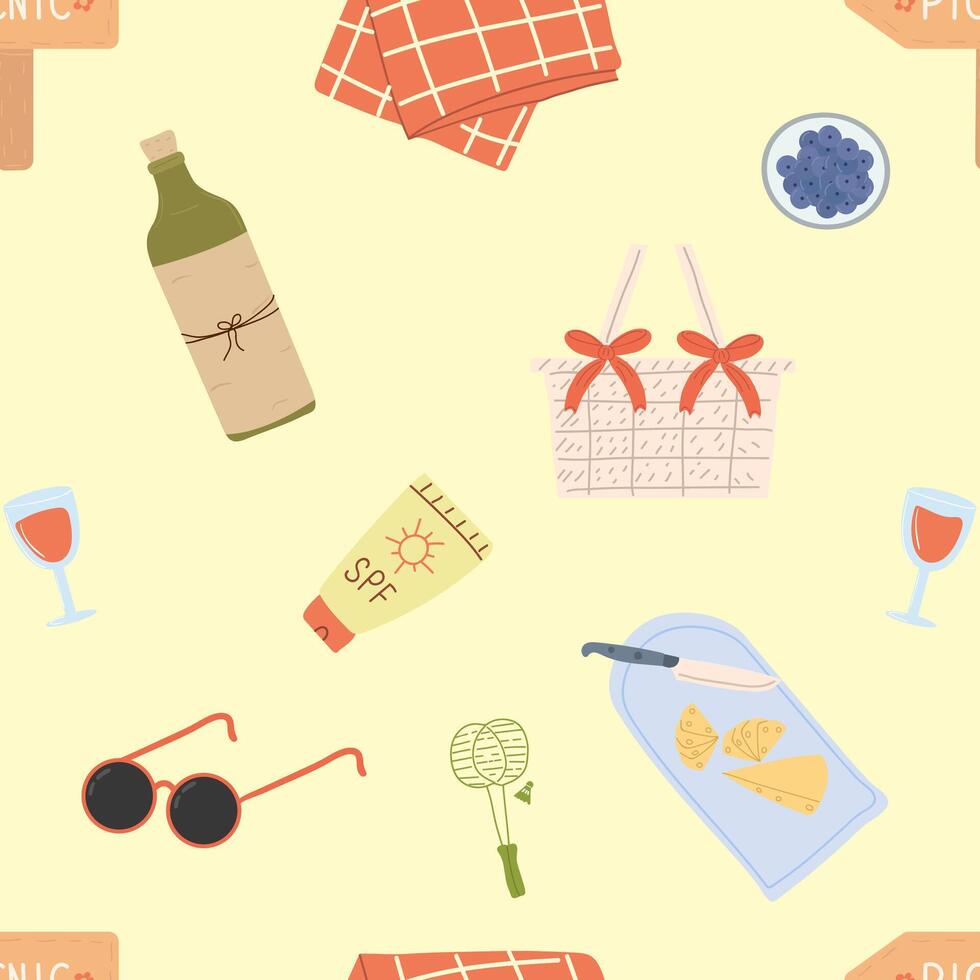 Cute seamless pattern of elements for a picnic wine, rackets, sliced cheese, basket, blanket. Template for textile, wallpaper, packaging, cover, web, card, box, print, banner, ceramics vector