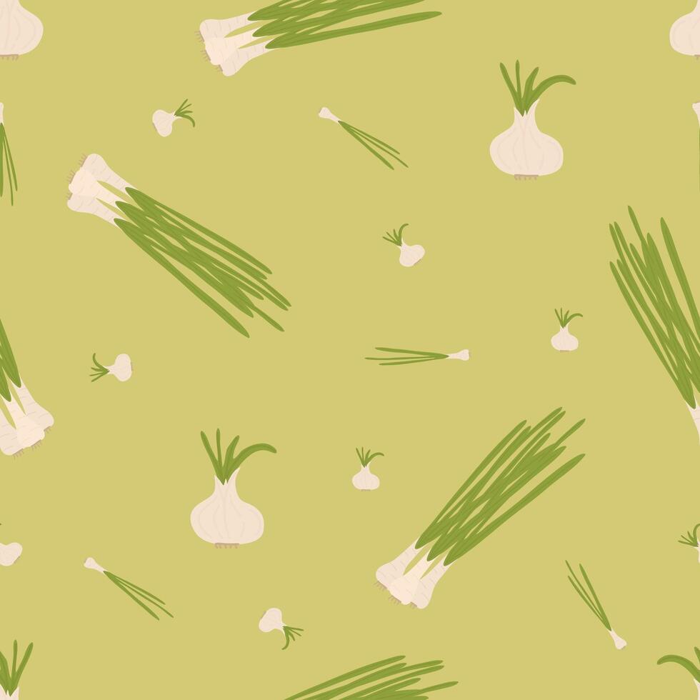 Seamless background of young onions, green feather. Fashionable bow pattern for wrapping paper, wallpaper, stickers, notepad cover. vector