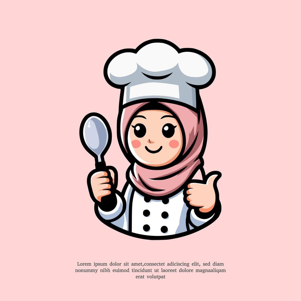 Hijab cooks mascot chef cute logo hand gesture vector