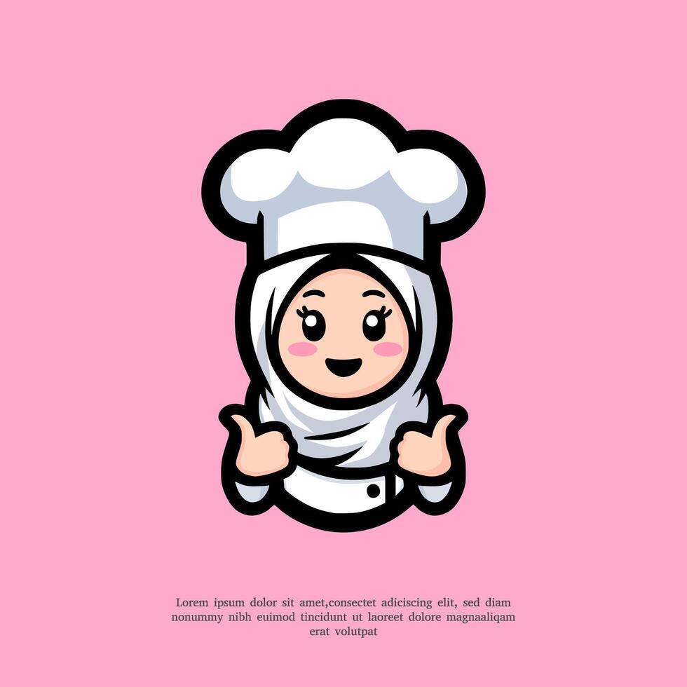 cute illustration of a chef in a hijab with a hand giving a thumbs up vector