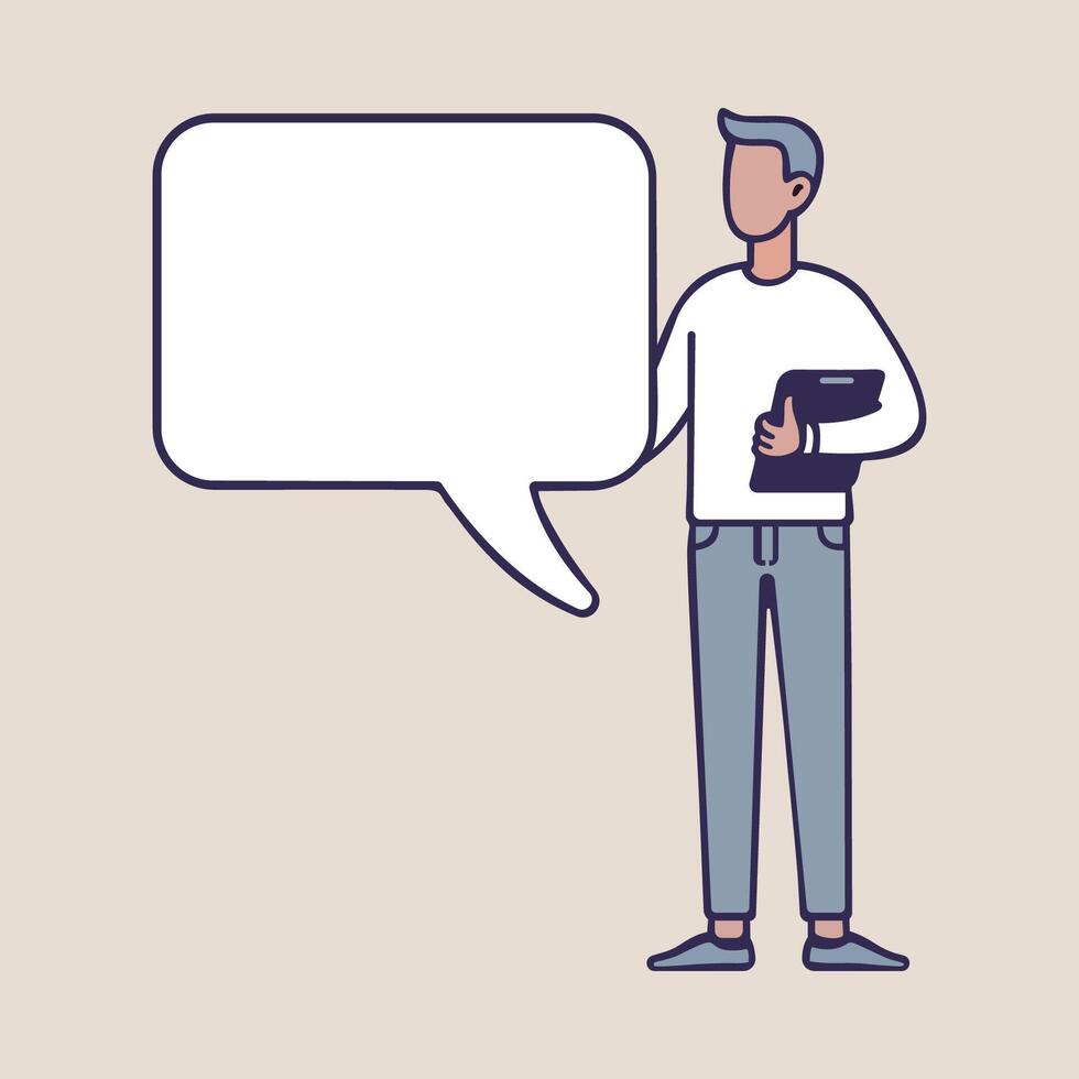 A cartoon style character stands holding a blank speech bubble, symbolizing social media, chat, conversation, and contact. vector