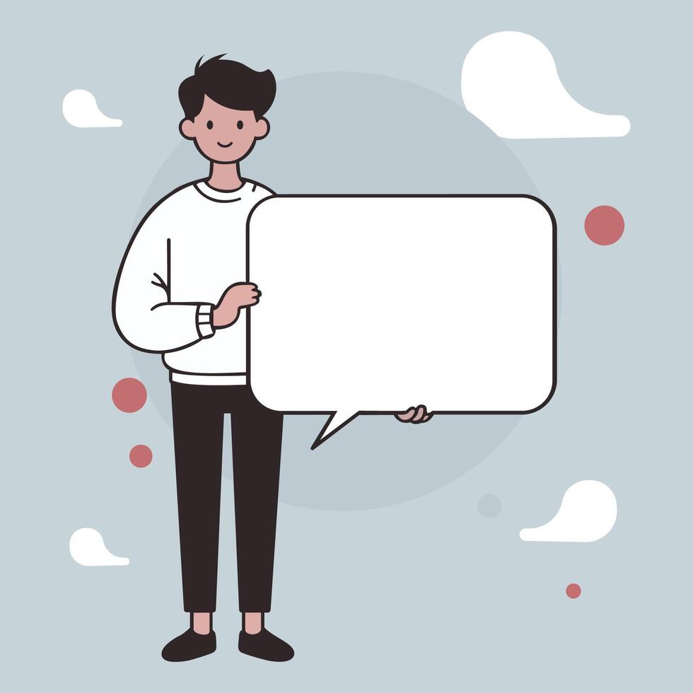 A cartoon style character stands holding a blank speech bubble, symbolizing social media, chat, conversation, and contact. vector