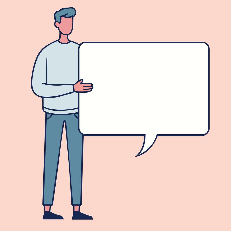 A cartoon style character stands holding a blank speech bubble, symbolizing social media, chat, conversation, and contact. vector