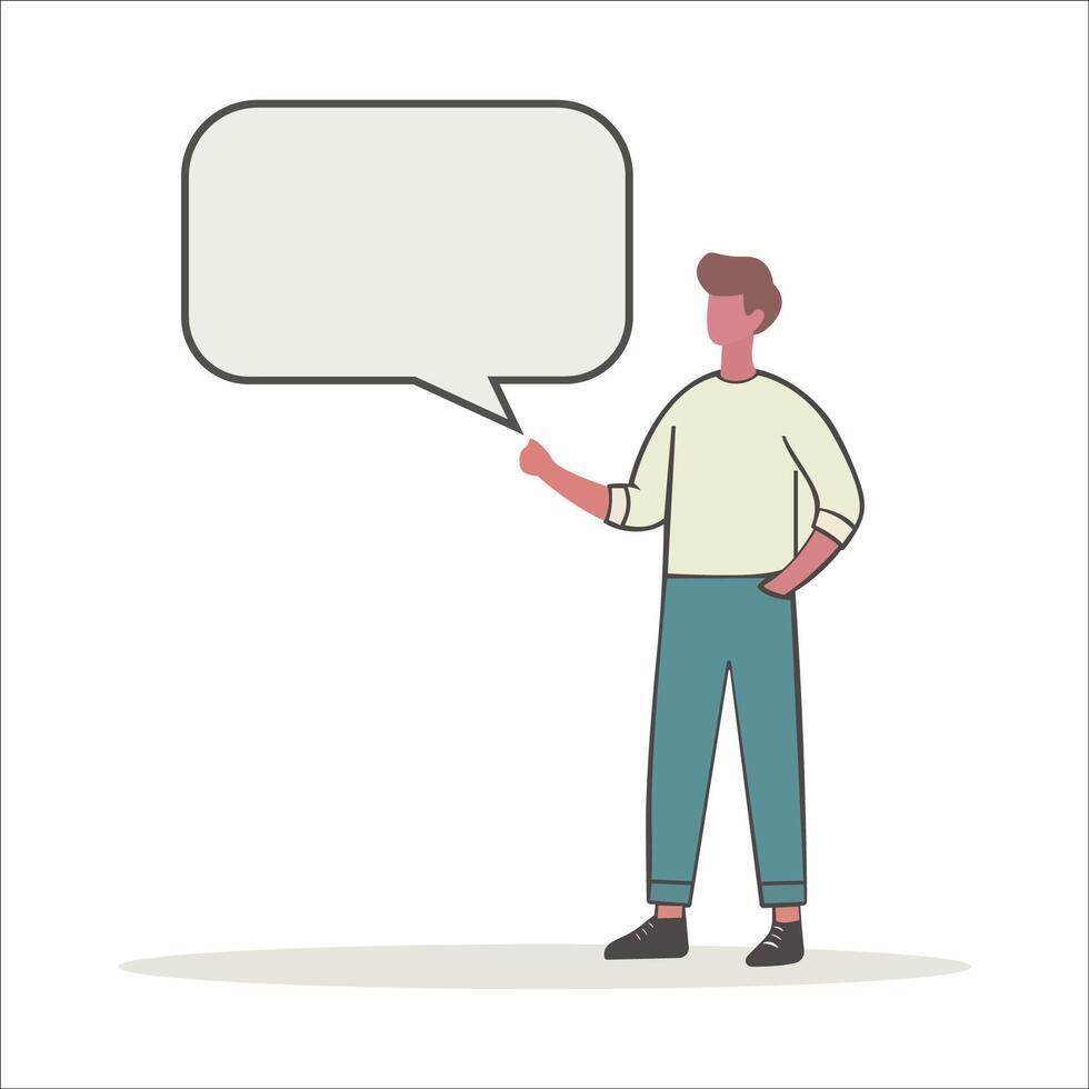 A cartoon style character stands holding a blank speech bubble, symbolizing social media, chat, conversation, and contact. vector