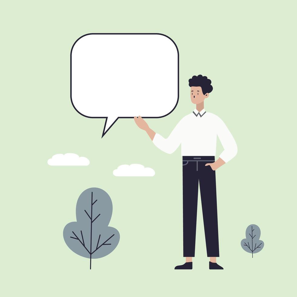 A cartoon style character stands holding a blank speech bubble, symbolizing social media, chat, conversation, and contact. vector