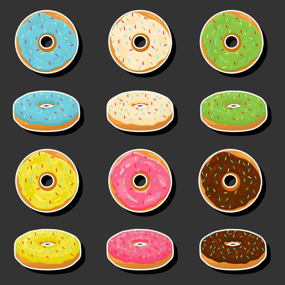 Illustration on theme big set different types sticky donuts, sweet doughnuts various size vector