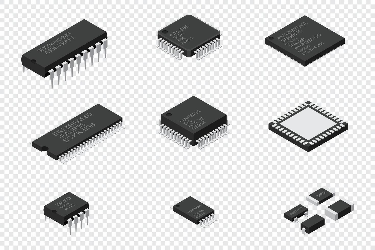 Set of microchip computer electronic components. Microchip icon. Computer processor technology. Micro processor. Collection of microchips vector