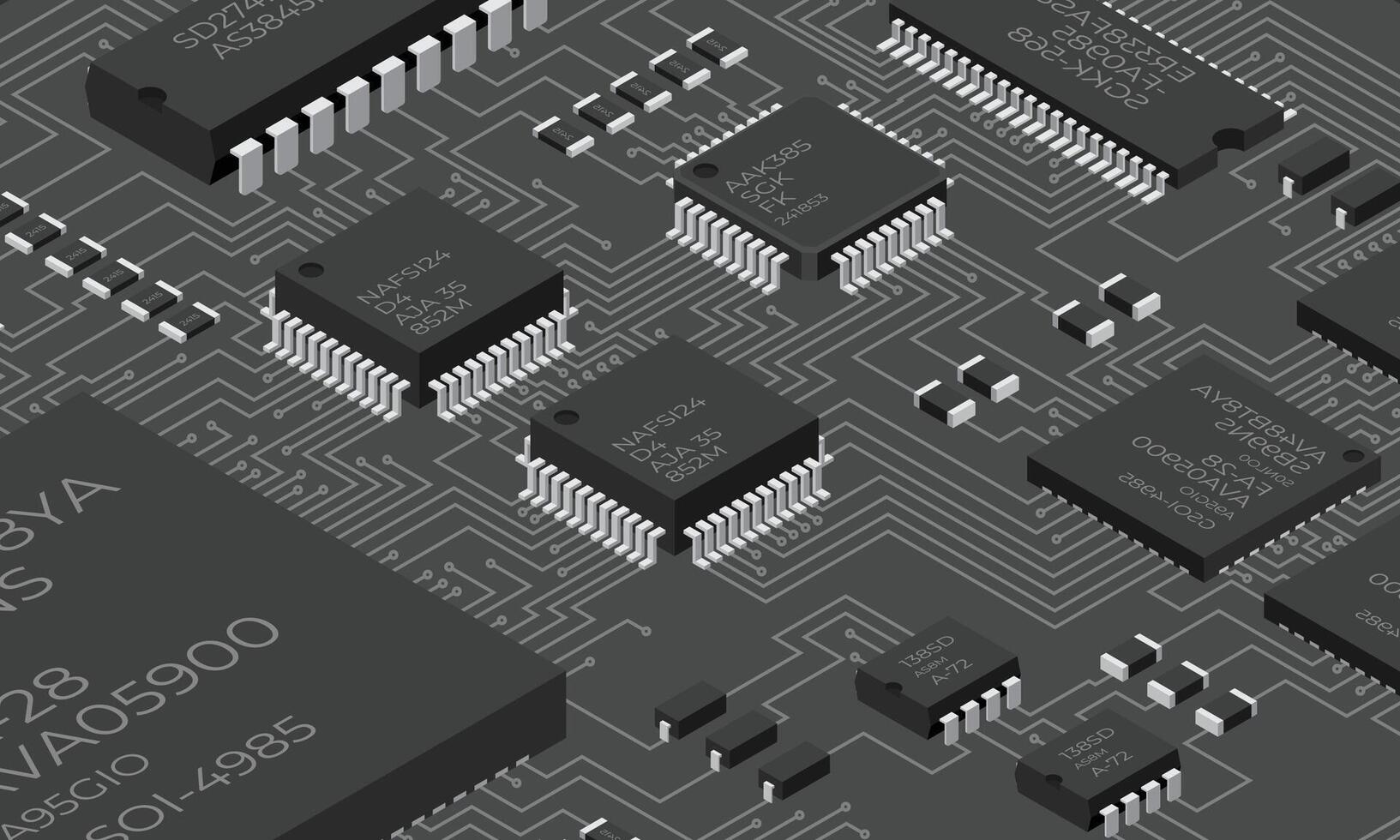 Isometric electronic board. Isometric printed circuit board with electronic components. Electronic components and integrated circuit board vector