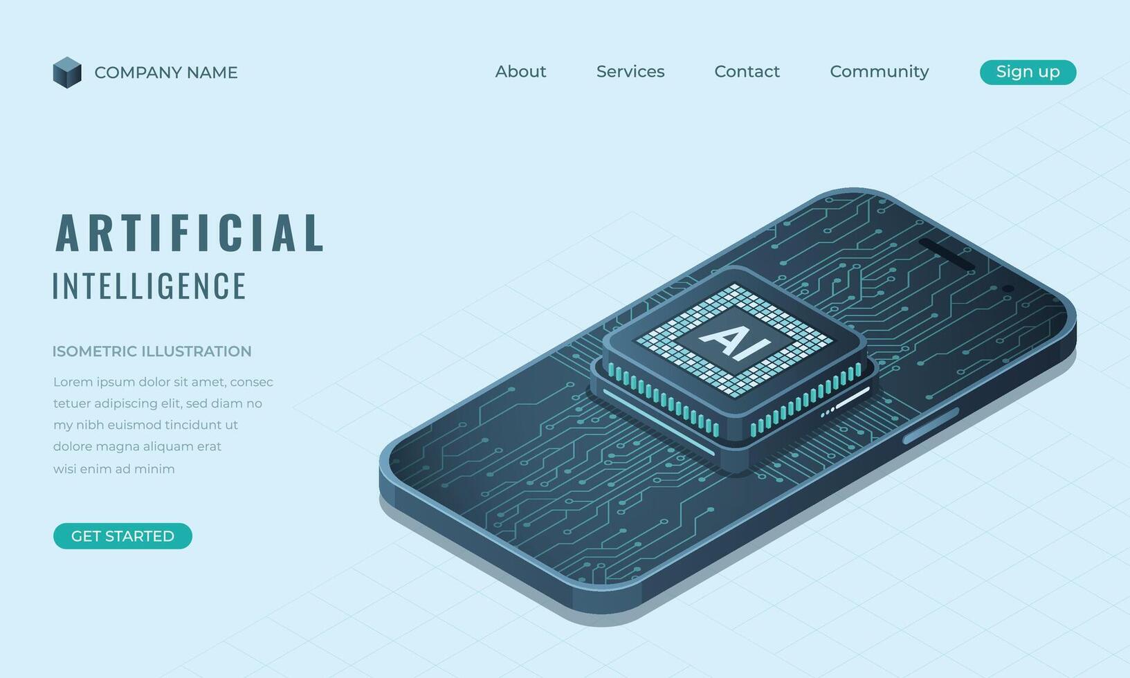 Isometric artificial intelligence landing page concept. Isometric smartphone with AI. Machine learning technology. Digital technology website landing page vector