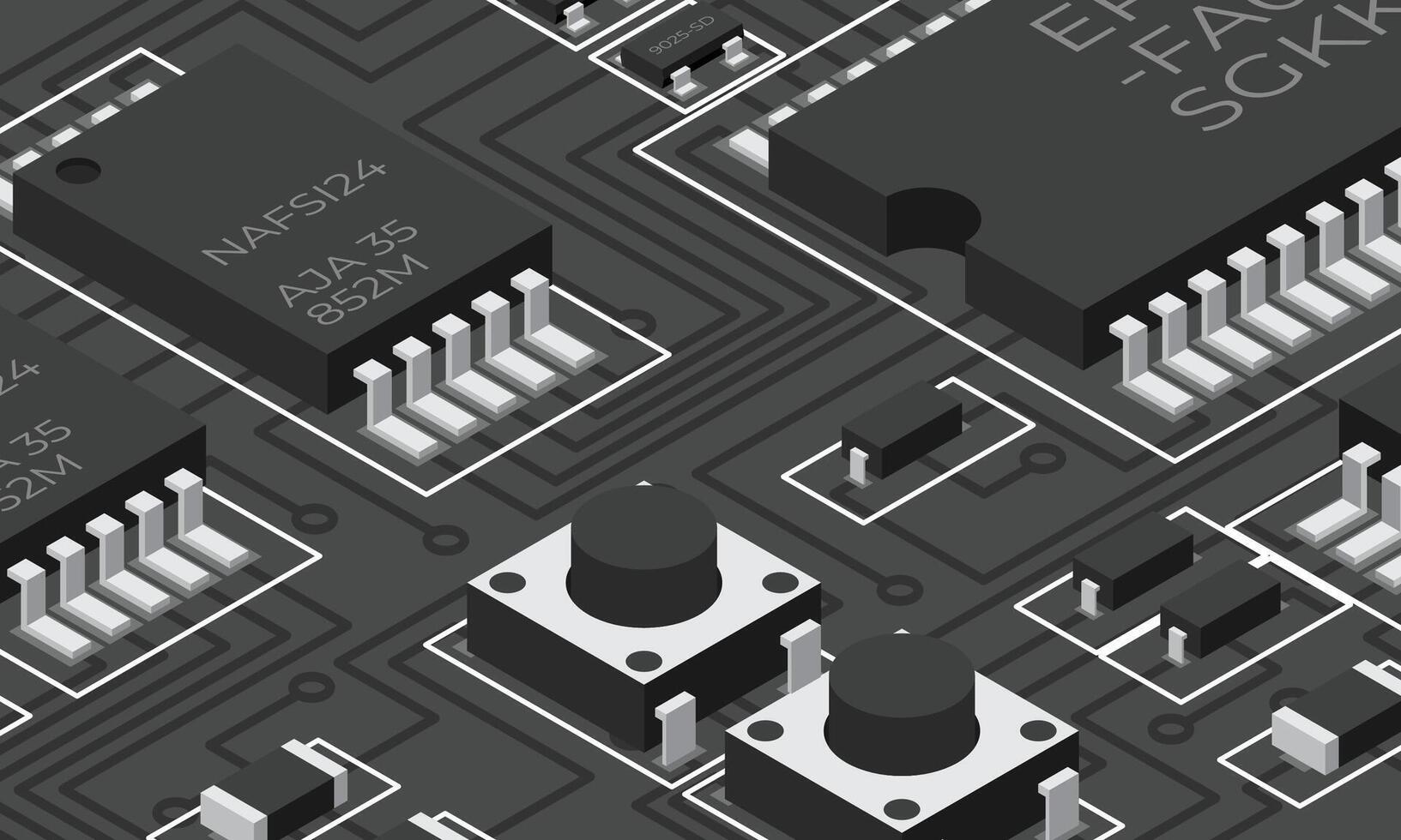 Isometric electronic board. Isometric printed circuit board with electronic components. Electronic components and integrated circuit board vector