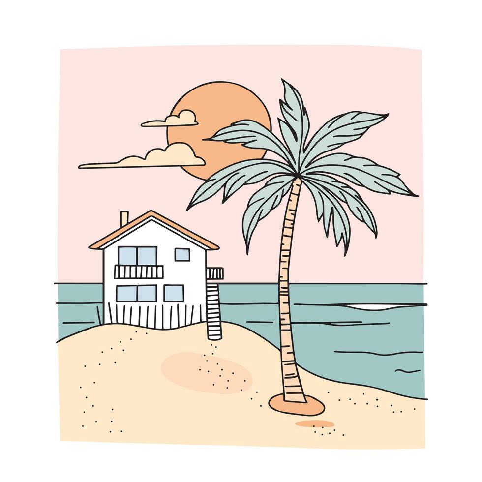Beach house with palm tree on the seashore. Hand drawn illustration in flat style. vector