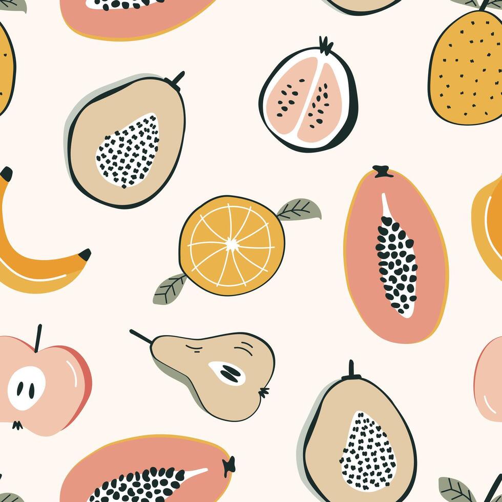 sin costura modelo con exótico frutas, ilustración en garabatear estilo vector