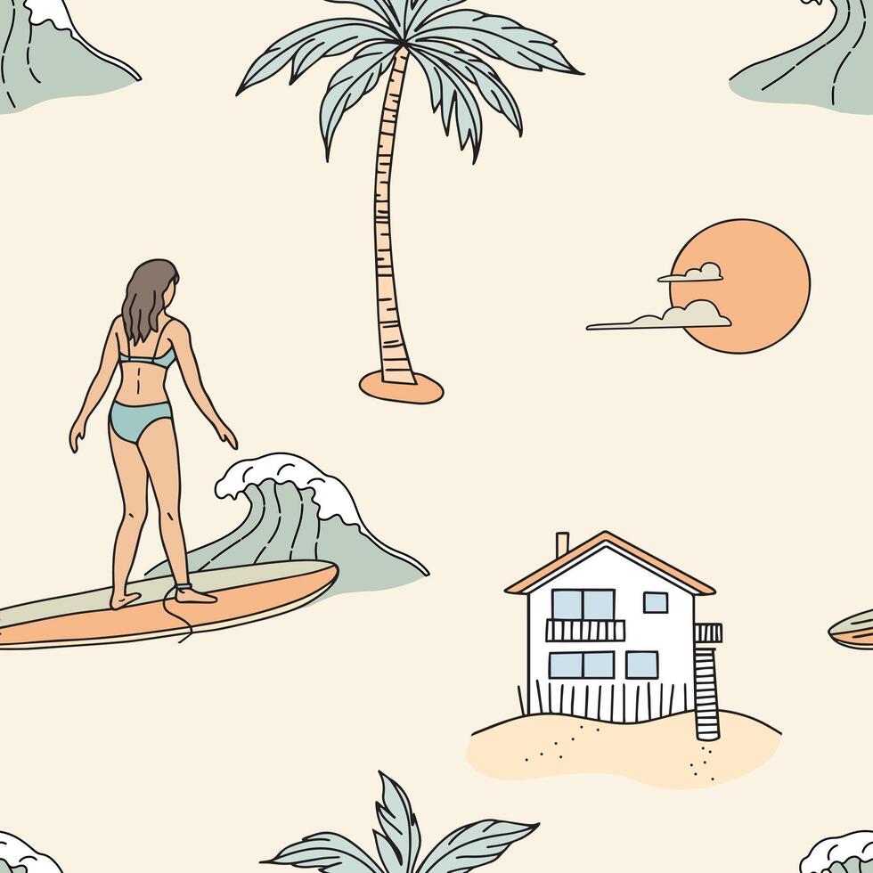 Seamless pattern with surfer girl, palm trees and beach house. Hand drawn illustration. vector