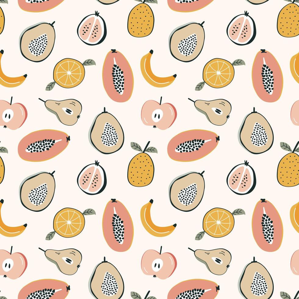 seamless pattern with exotic fruits, illustration in doodle style vector
