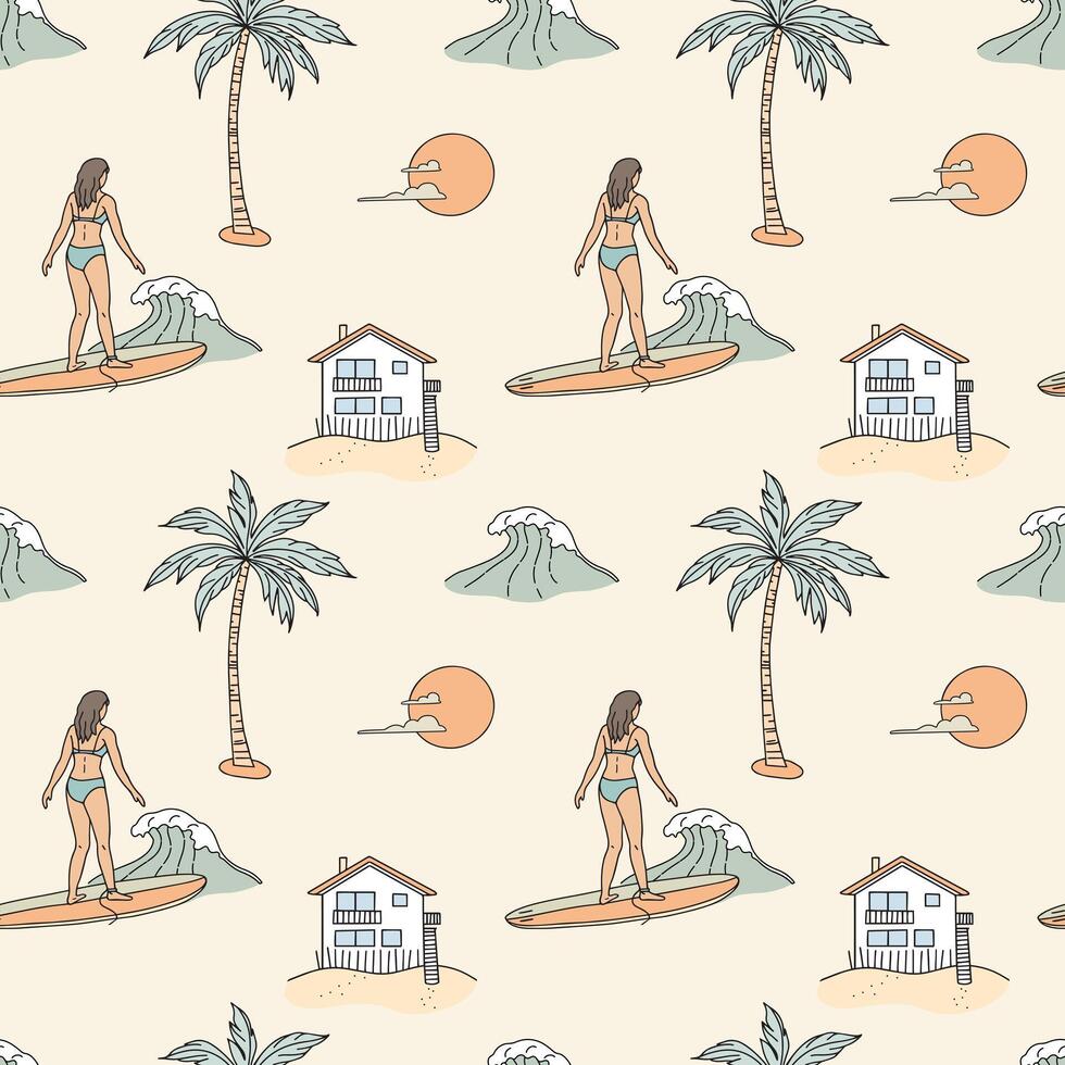 Seamless pattern with surfer girl, palm trees and beach house. Hand drawn illustration. vector