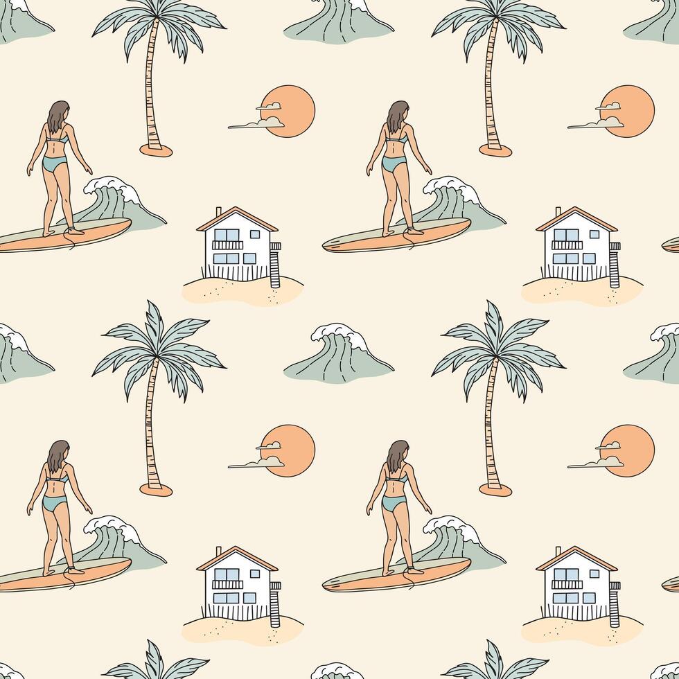 Seamless pattern with surfer girl, palm trees and beach house. Hand drawn illustration. vector