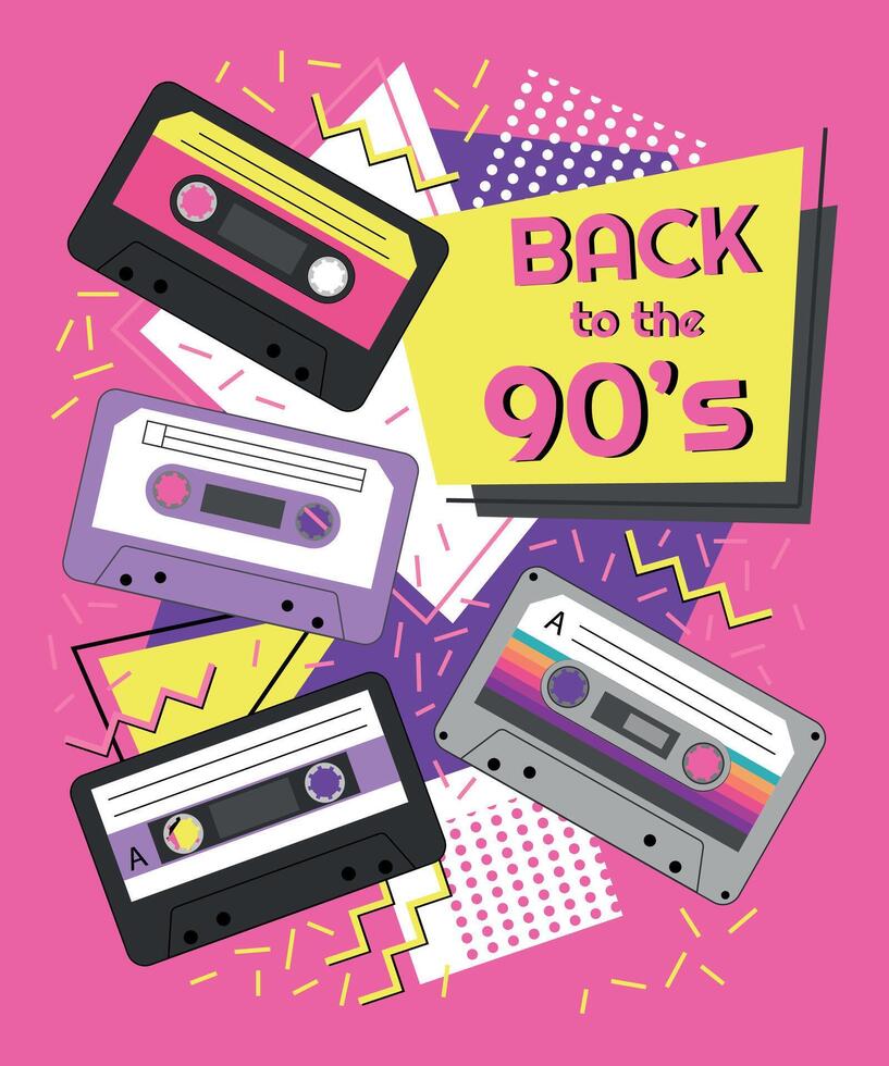 Back in the 90s. Banner with retro music cassettes. Nostalgia of the 90s. Invitation to a 90's disco. illustration vector