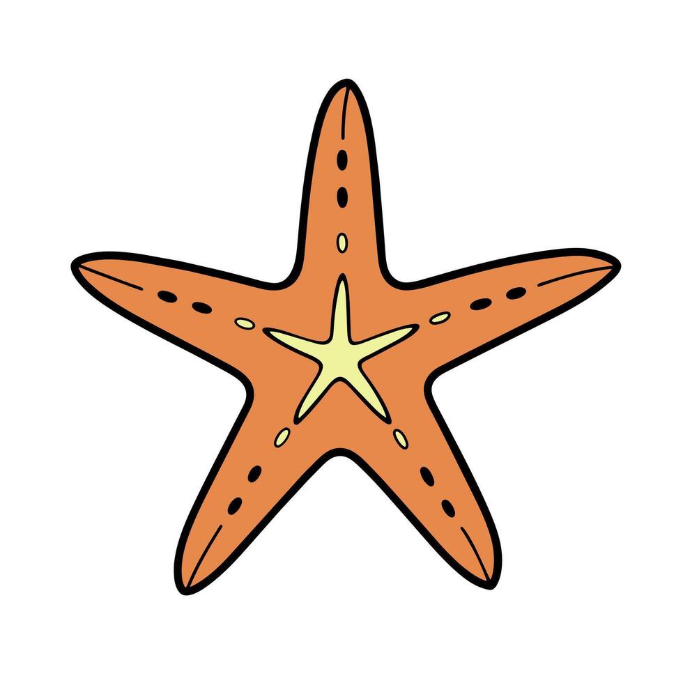 Starfish orange yellow doodle drawing, isolated on white background. vector