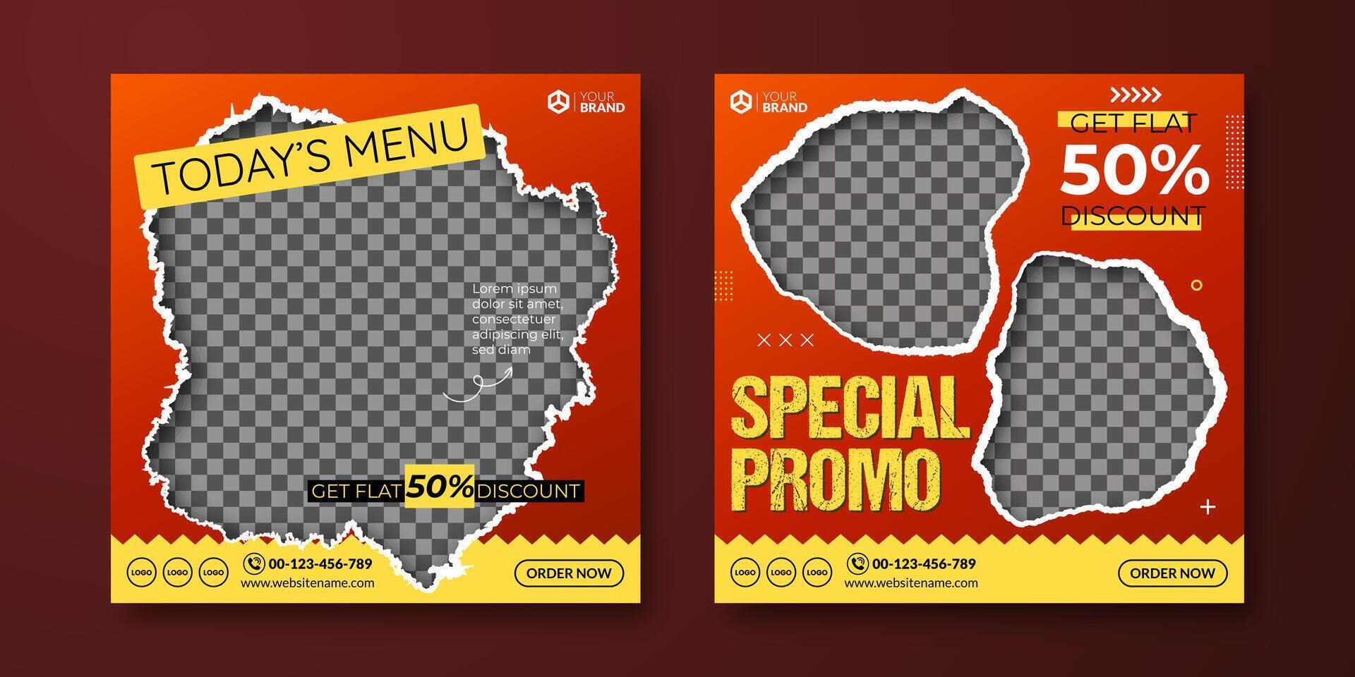 Food social media post template with torn paper effect. Digital banner for restaurant online marketing. Mockup of food and beverage content menu list with red background vector