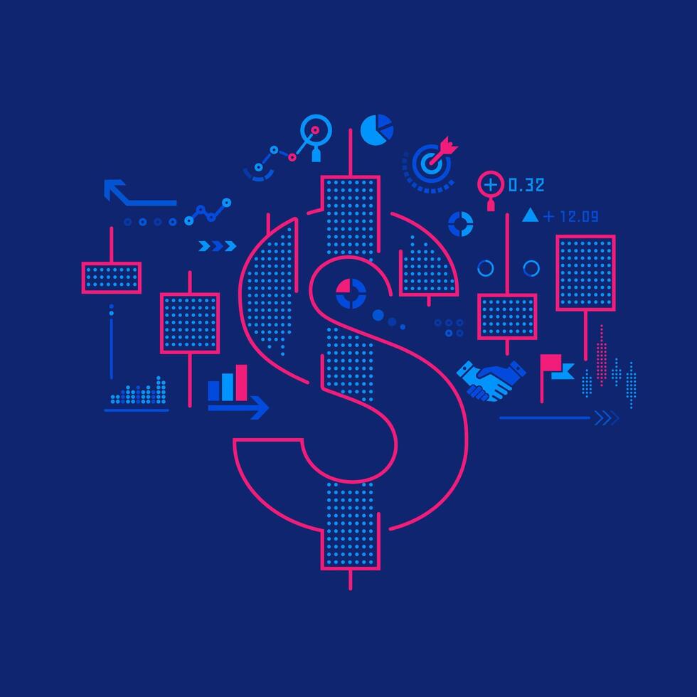 concept of USA stock market investment, graphic of dollar sign combined with candlestick graph vector