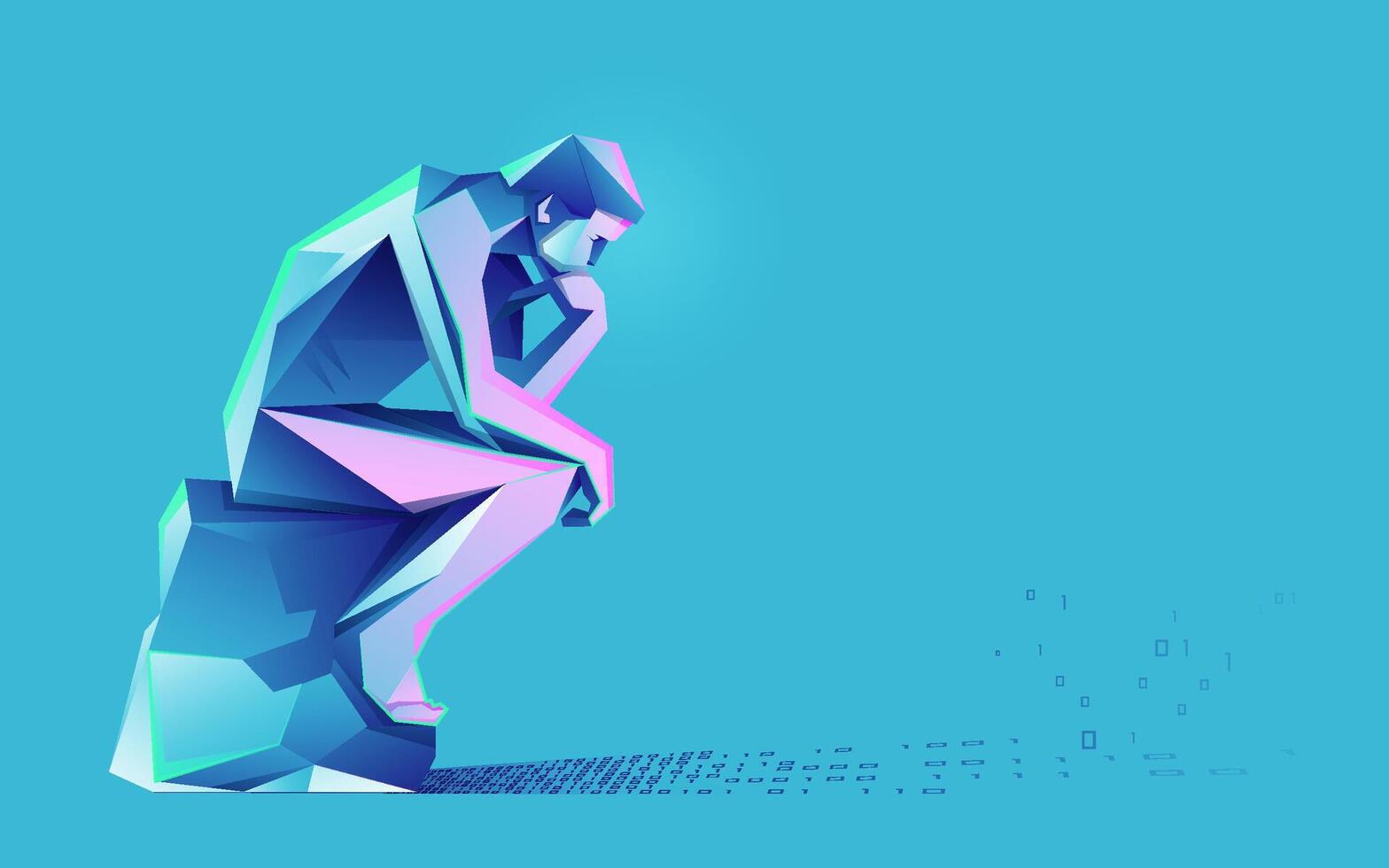 concept of deep learning or machine learning, graphic of thinker with binary shadow vector