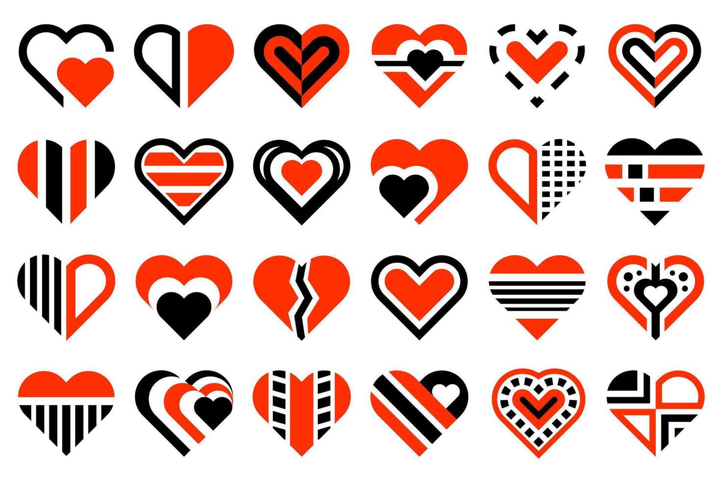 Abstract black and red heart design elements, collection of decorative stylized geometric heart shape designs. vector