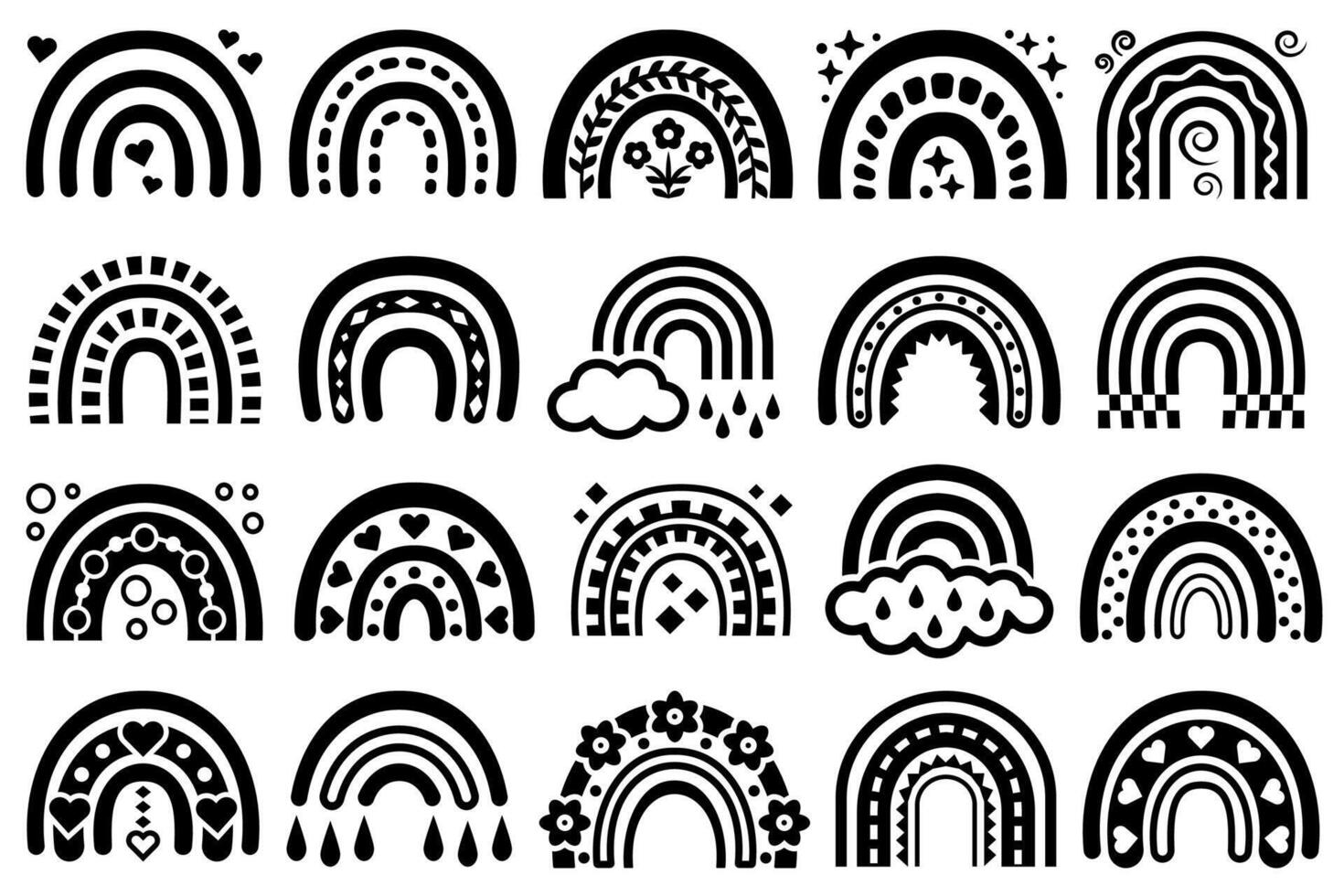 Black and white Boho rainbows set. Collection of decorative, stylized Bohemian rainbows with hearts, flowers, clouds and geometric shapes. vector