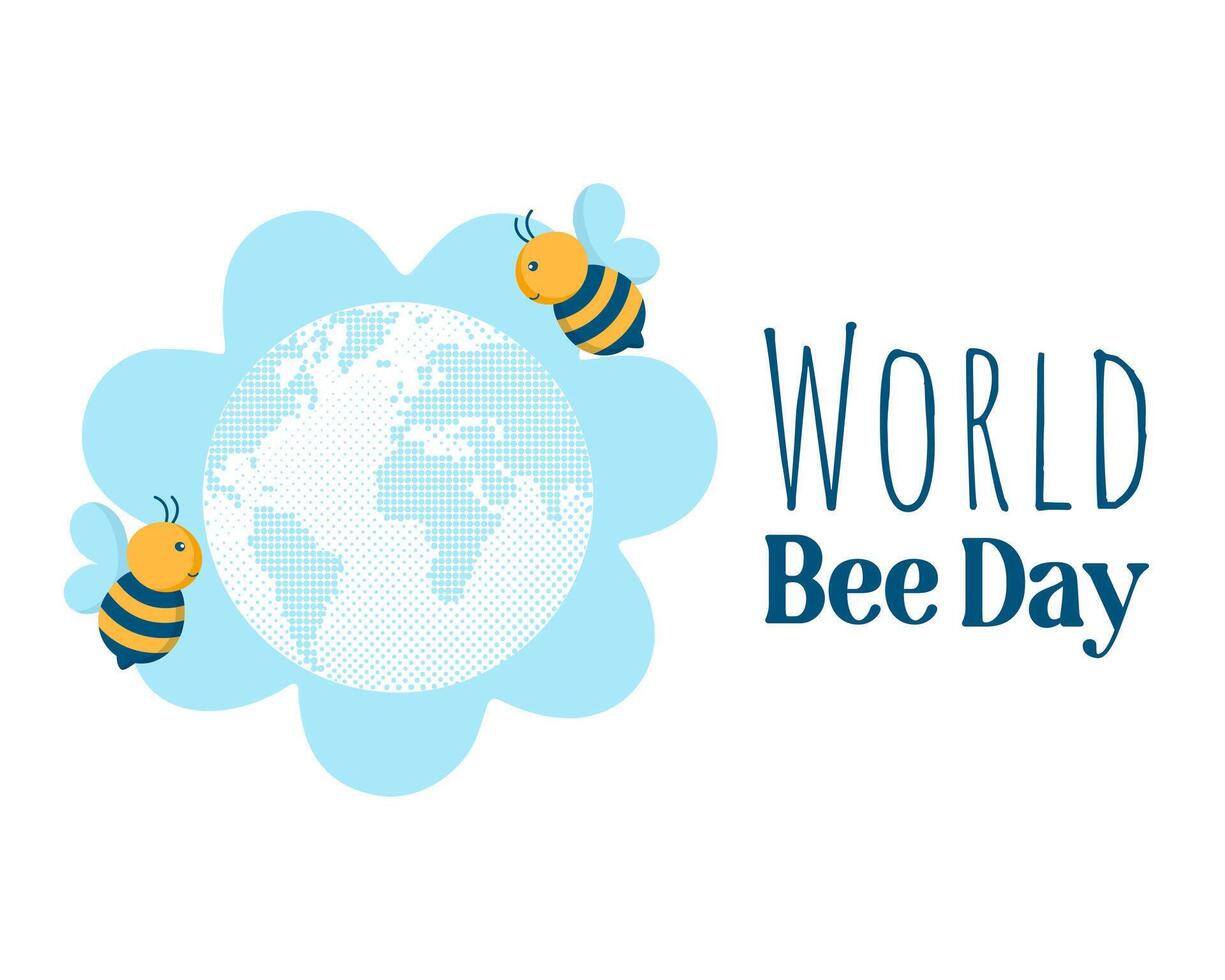World bee day poster. Calligraphy hand lettering, halftone dotted earth in shape of flower and cartoon bees isolated on white. Template for banner, flyer, sticker, postcard, print. vector