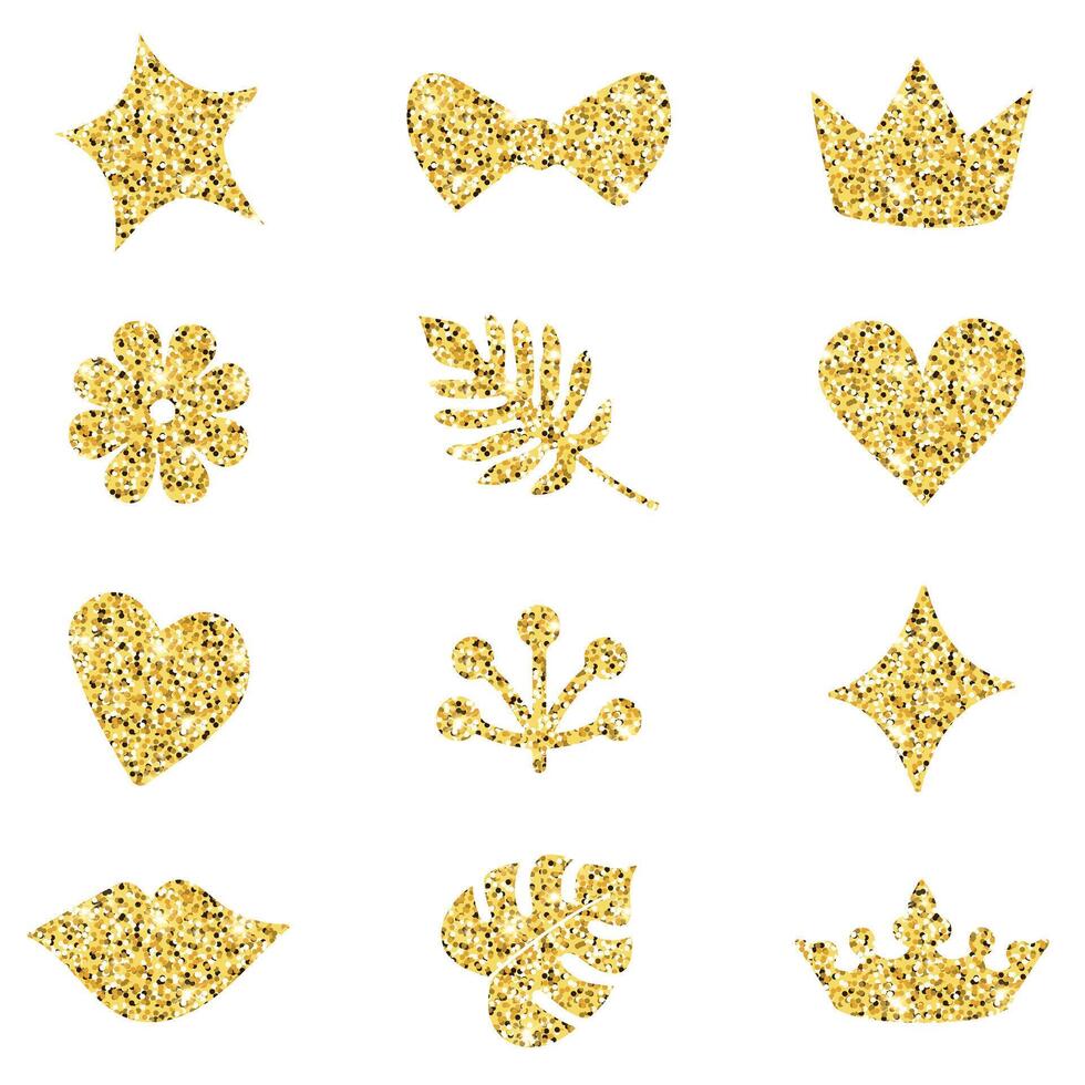 Gold glitter decoration set isolated on white background. Shiny icons for valentine's day, design, greeting card, scrapbook, decoration, party, banner, fashion, ornaments, tattoo. vector