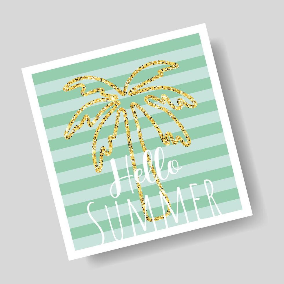 Hello summer card design. Gold glitter palm and lettering on green striped background in white frame. Trendy summer design for print, poster, card. vector