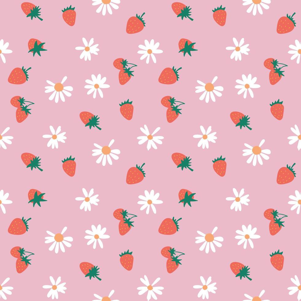 Seamless pattern with berry fruit and cute flower on white background illustration. vector