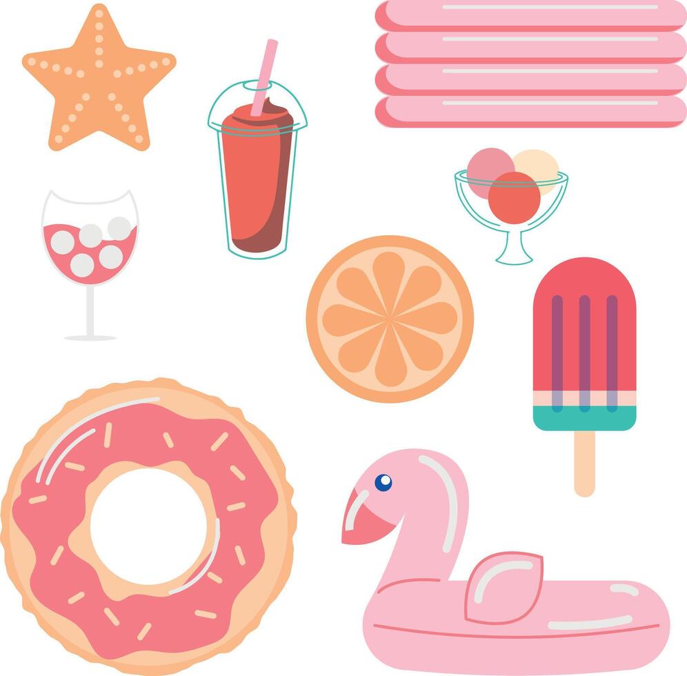 Set of summer element, beach accessories. Sunglasses, umbrella, banana, sunblock, cocktail, slippers, sun hat, swimsuit, flamingo, foto. Accessories for sea holidays. Cartoon flat illustration. vector