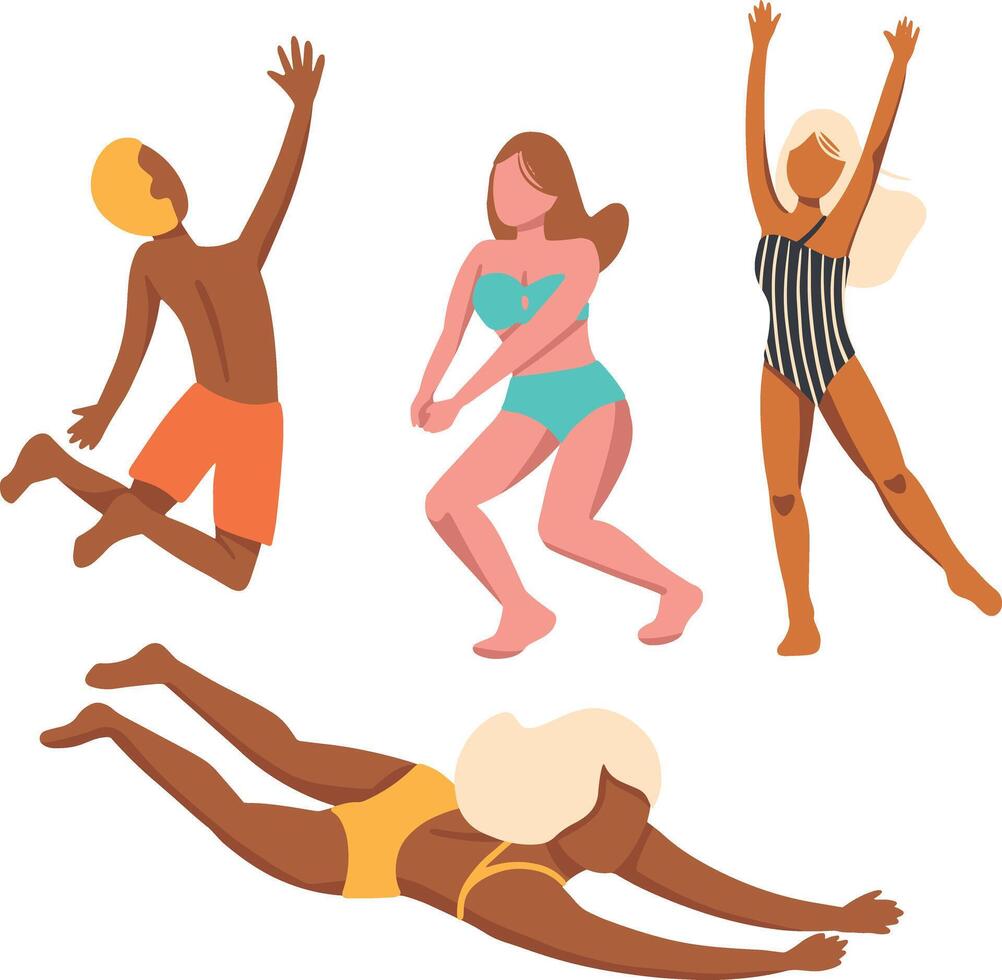 hombres, mujer jugando verano playa vóleibol colocar. voleo pelota jugadores en acción durante activo deporte juego. personas en bikini a voleibol de playa. plano gráfico ilustraciones aislado en blanco vector