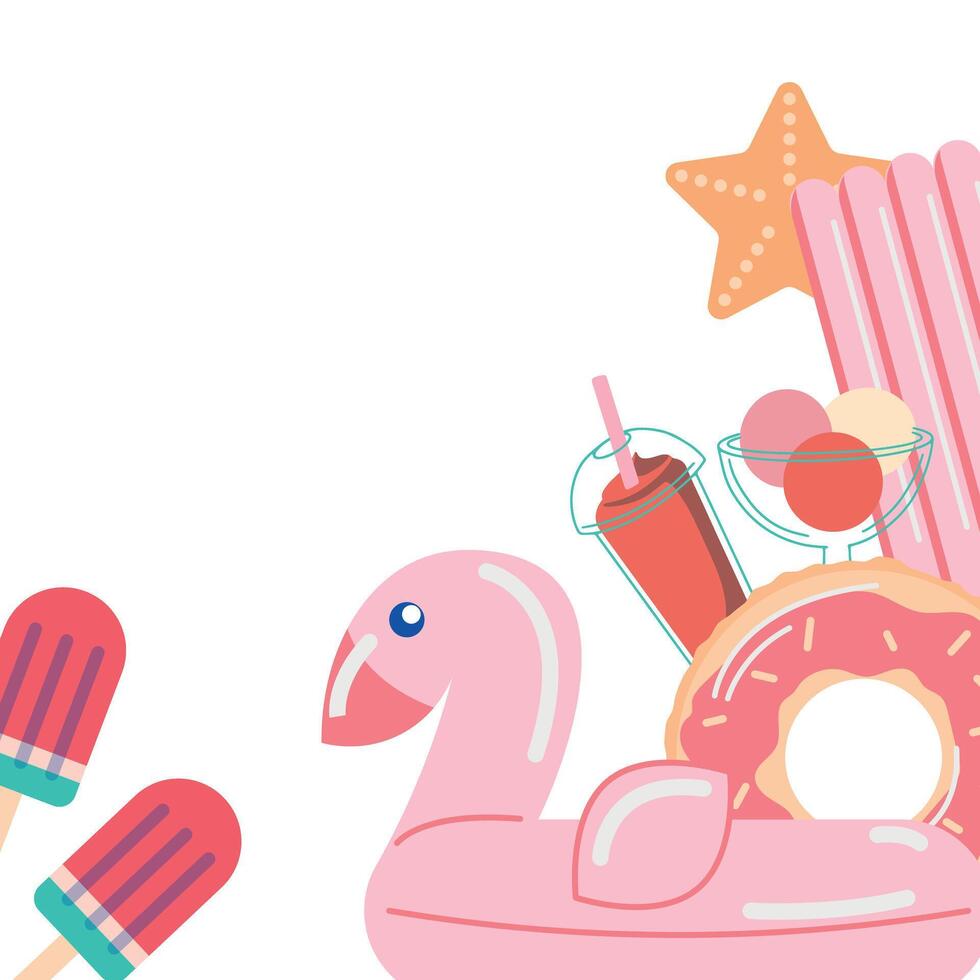 Summer poster design. ice cream, inflatable flamingo, smoothies, cocktails. Summer text on a background of summer season elements for outdoor recreation. vector